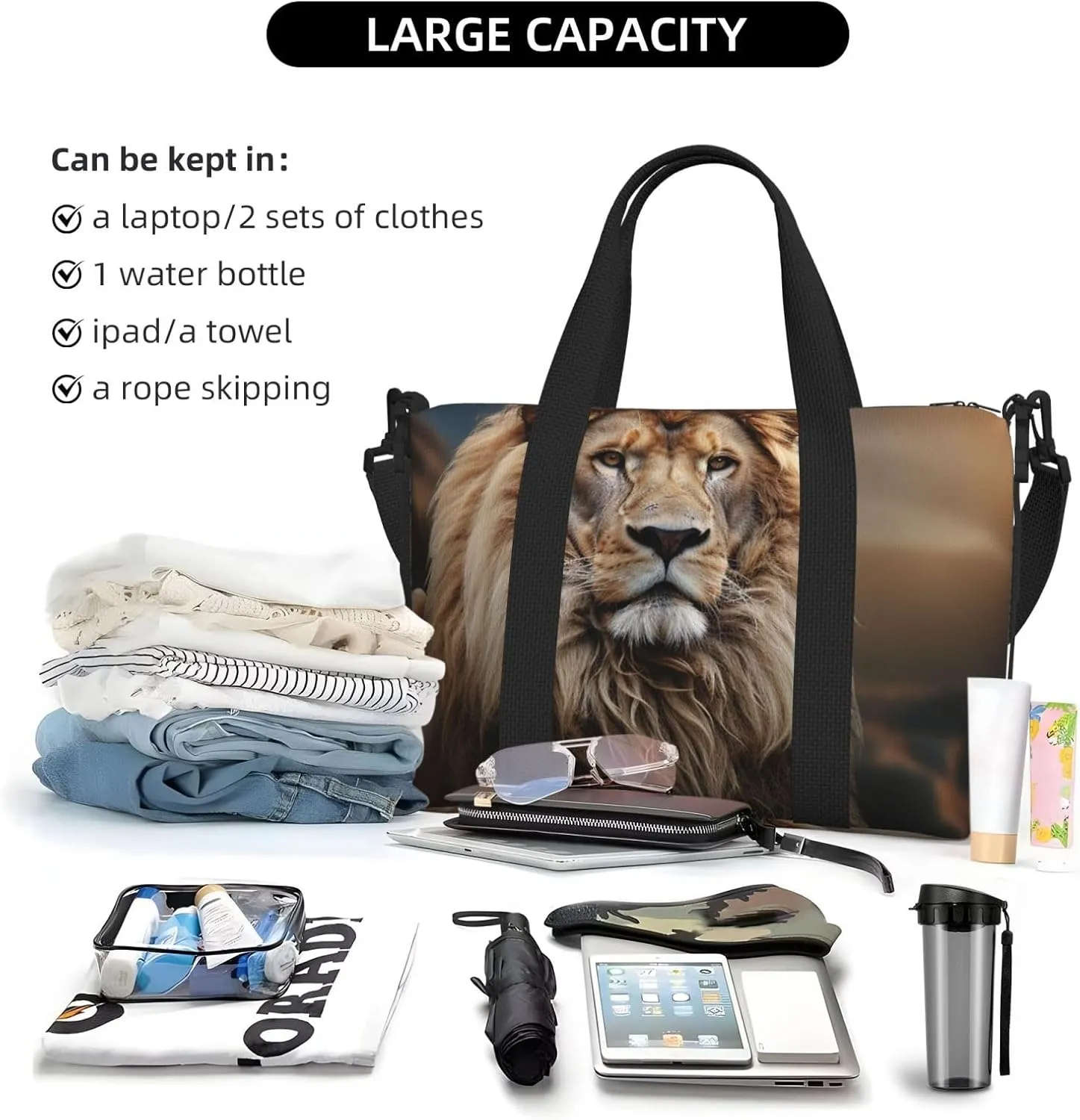 Sports Gym Bag for Women Men Travel Duffel Bag Tote Weekender Bag Carry on Overnight Bag for Travel Swimming Fitness Workout Sports Creative Animals Lion Duffle Bag