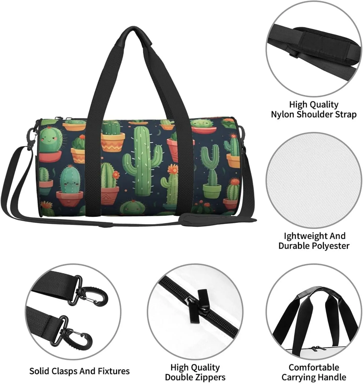 Sports Gym Bag for Women Men Travel Duffel Bag Tote Weekender Bag Carry on Overnight Bag for Travel Swimming Fitness Workout Sports Cute Cactus Seamless Illustration Duffle Bag