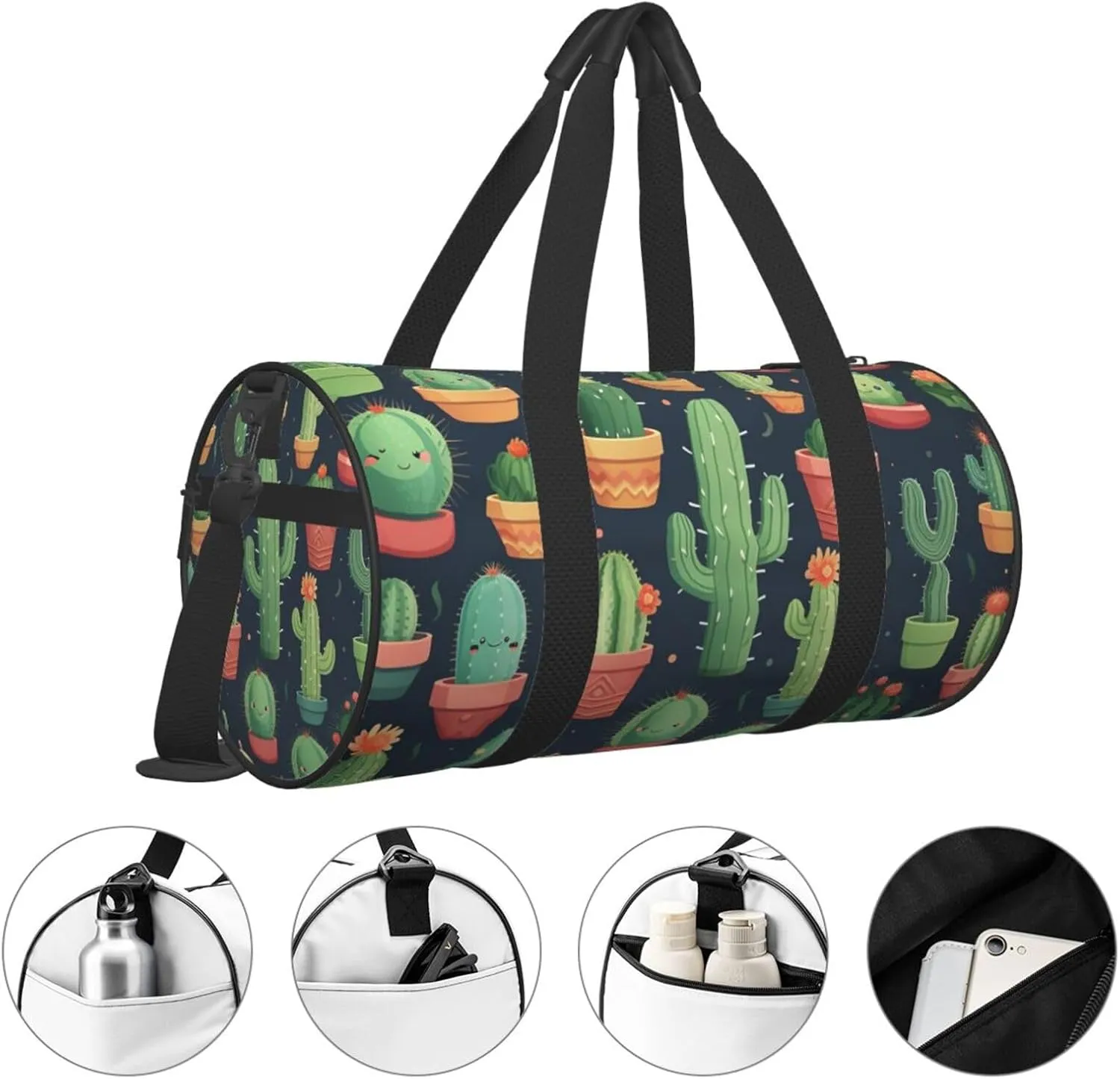 Sports Gym Bag for Women Men Travel Duffel Bag Tote Weekender Bag Carry on Overnight Bag for Travel Swimming Fitness Workout Sports Cute Cactus Seamless Illustration Duffle Bag