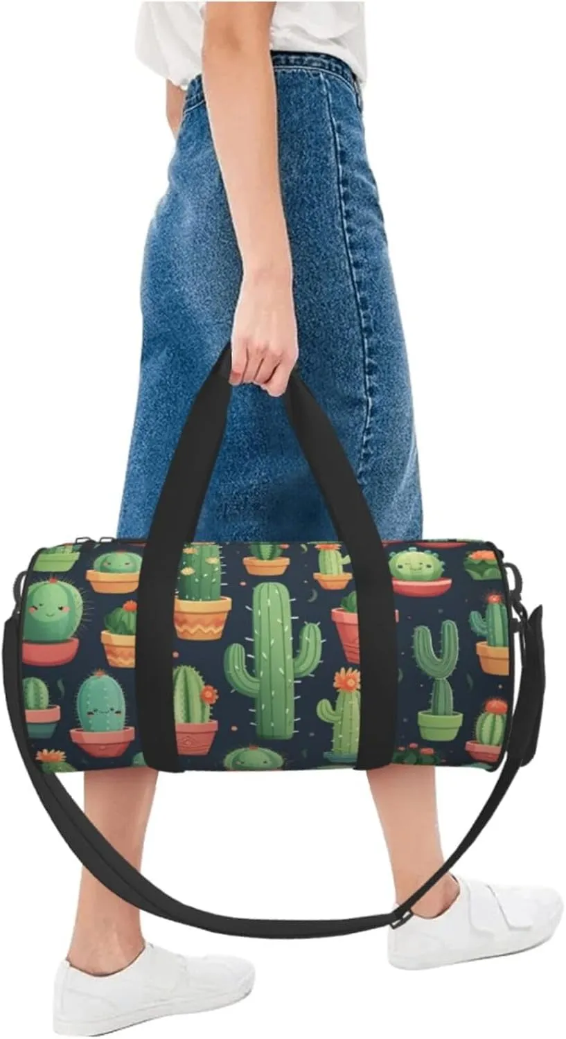 Sports Gym Bag for Women Men Travel Duffel Bag Tote Weekender Bag Carry on Overnight Bag for Travel Swimming Fitness Workout Sports Cute Cactus Seamless Illustration Duffle Bag