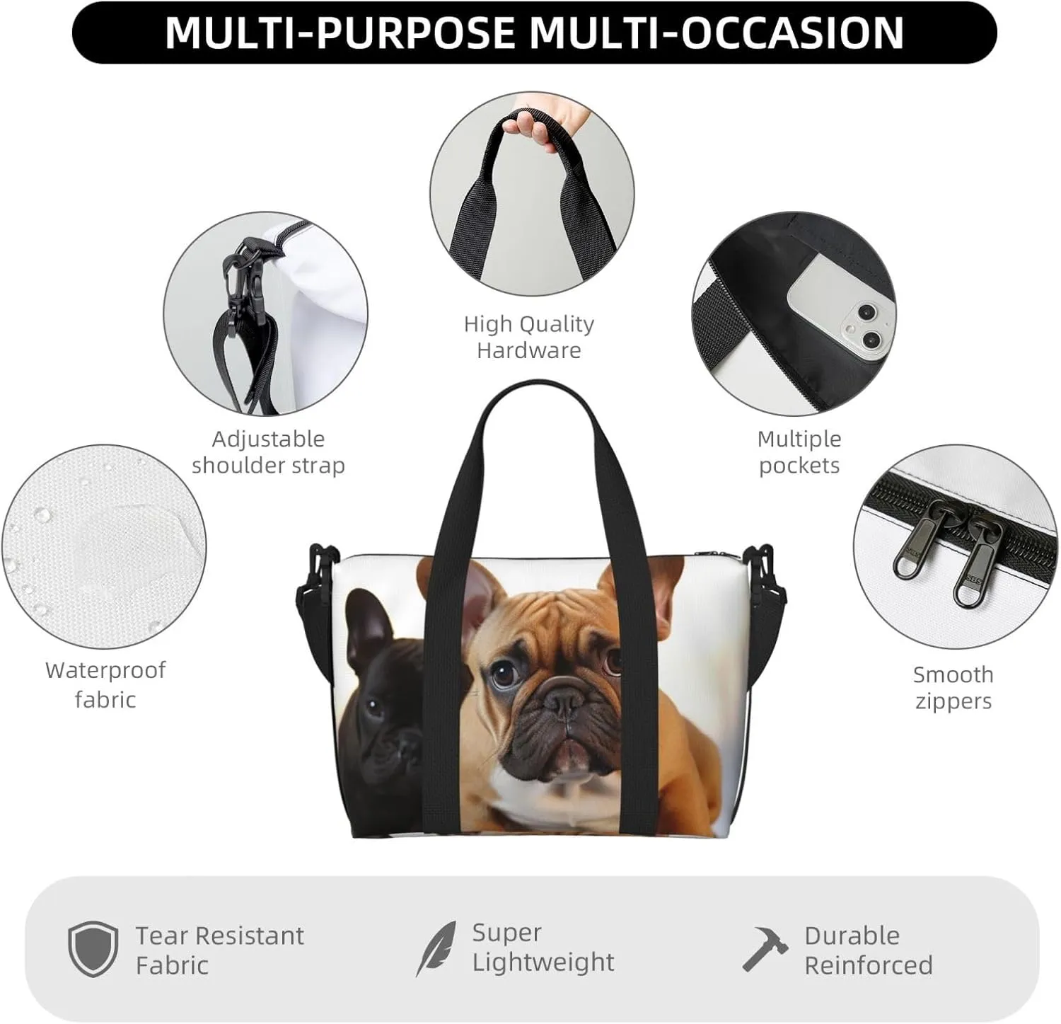 Sports Gym Bag for Women Men Travel Duffel Bag Tote Weekender Bag Carry on Overnight Bag for Travel Swimming Fitness Workout Sports Cute French Bulldog Duffle Bag