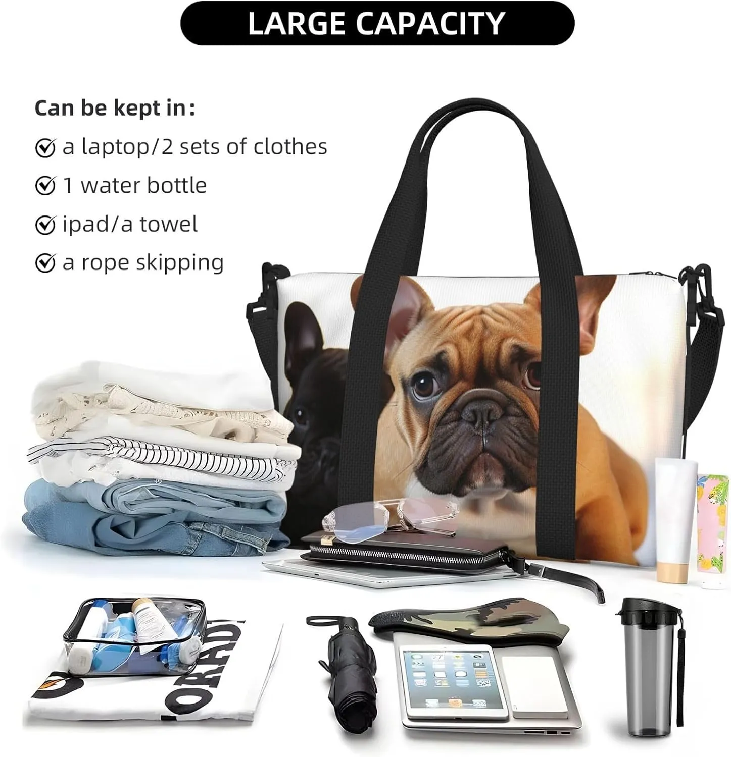 Sports Gym Bag for Women Men Travel Duffel Bag Tote Weekender Bag Carry on Overnight Bag for Travel Swimming Fitness Workout Sports Cute French Bulldog Duffle Bag