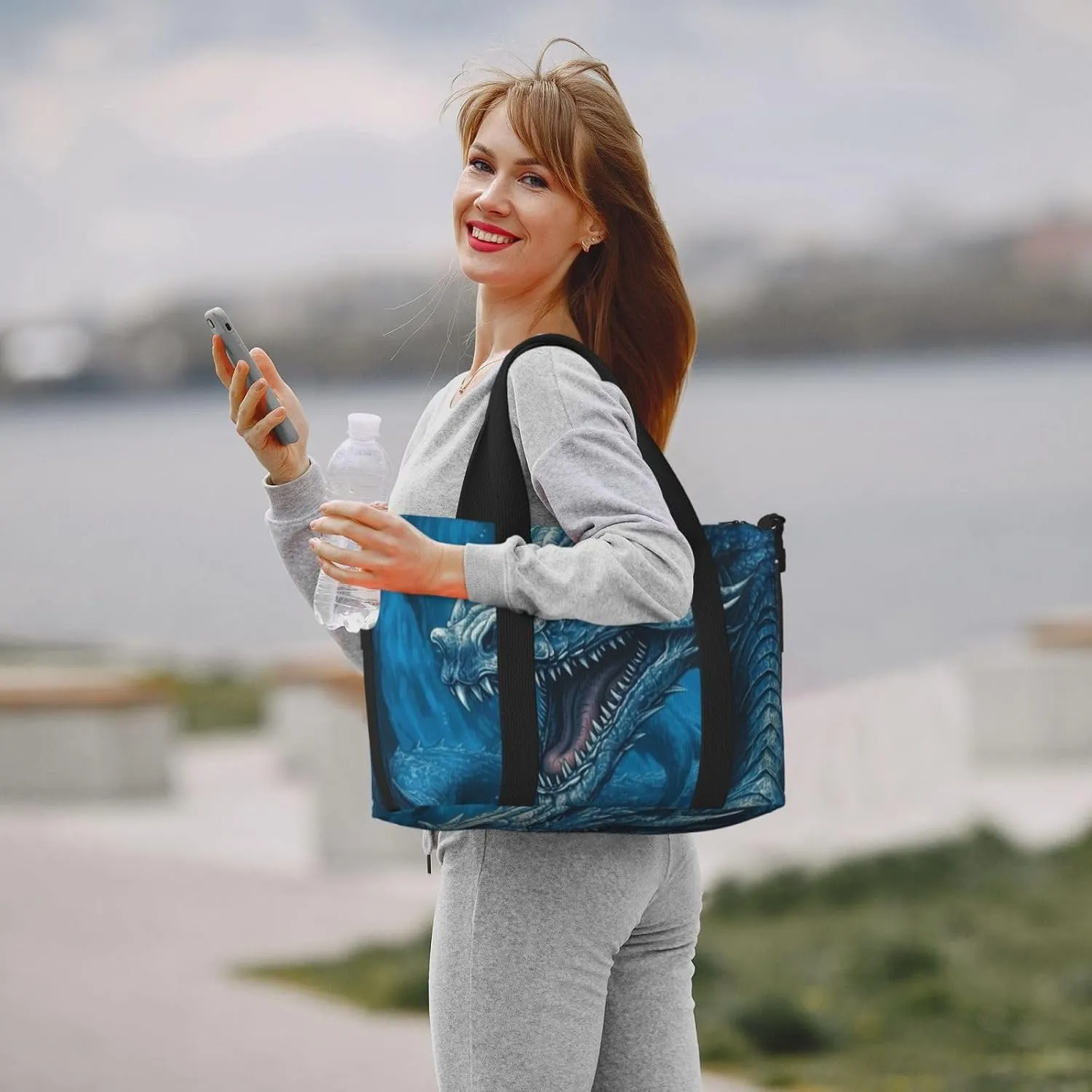 Sports Gym Bag for Women Men Travel Duffel Bag Tote Weekender Bag Carry on Overnight Bag for Travel Swimming Fitness Workout Sports Dragon Cool Blue Duffle Bag