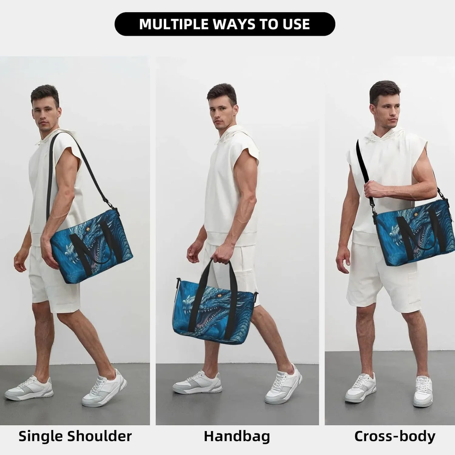 Sports Gym Bag for Women Men Travel Duffel Bag Tote Weekender Bag Carry on Overnight Bag for Travel Swimming Fitness Workout Sports Dragon Cool Blue Duffle Bag