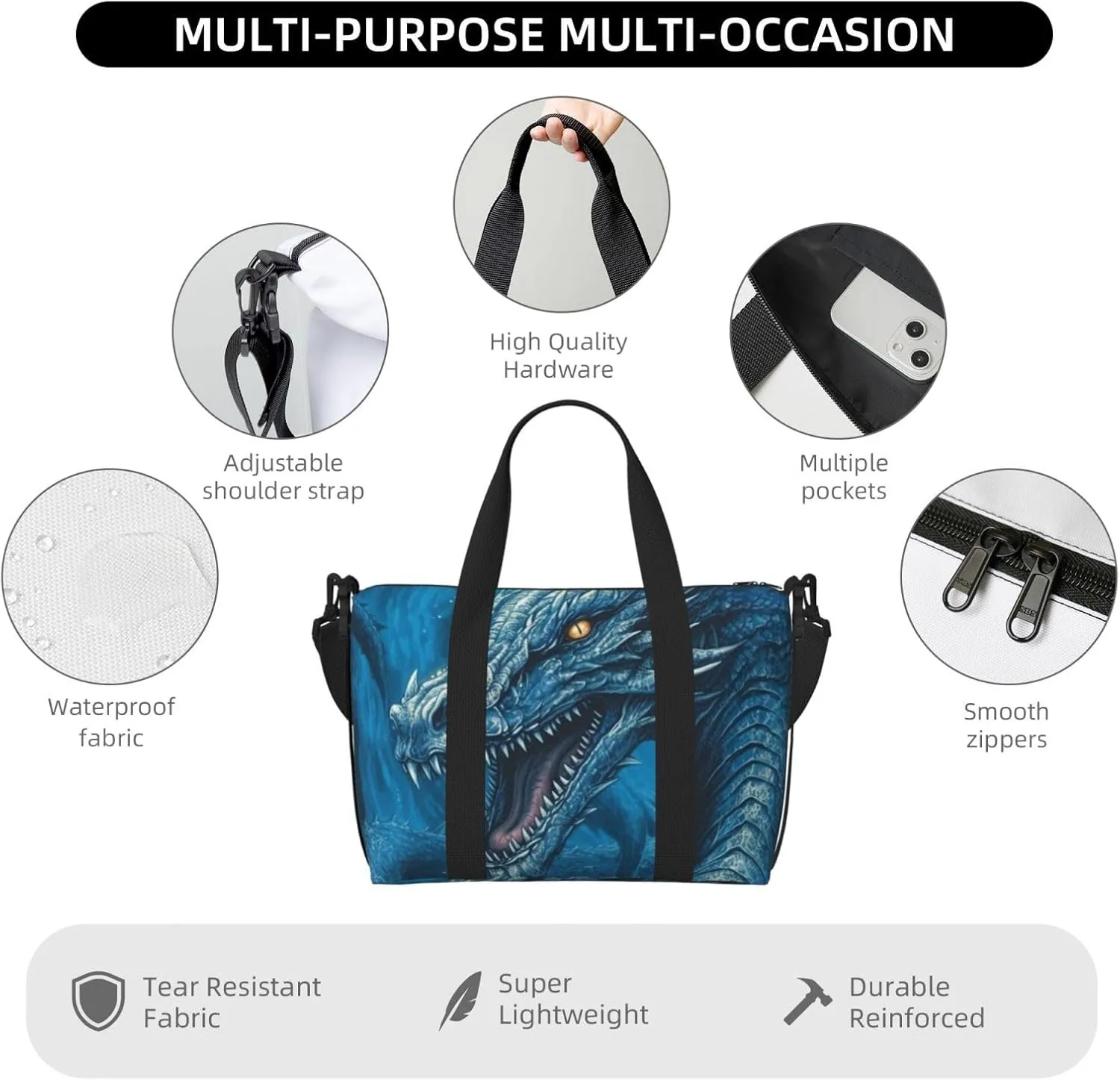 Sports Gym Bag for Women Men Travel Duffel Bag Tote Weekender Bag Carry on Overnight Bag for Travel Swimming Fitness Workout Sports Dragon Cool Blue Duffle Bag