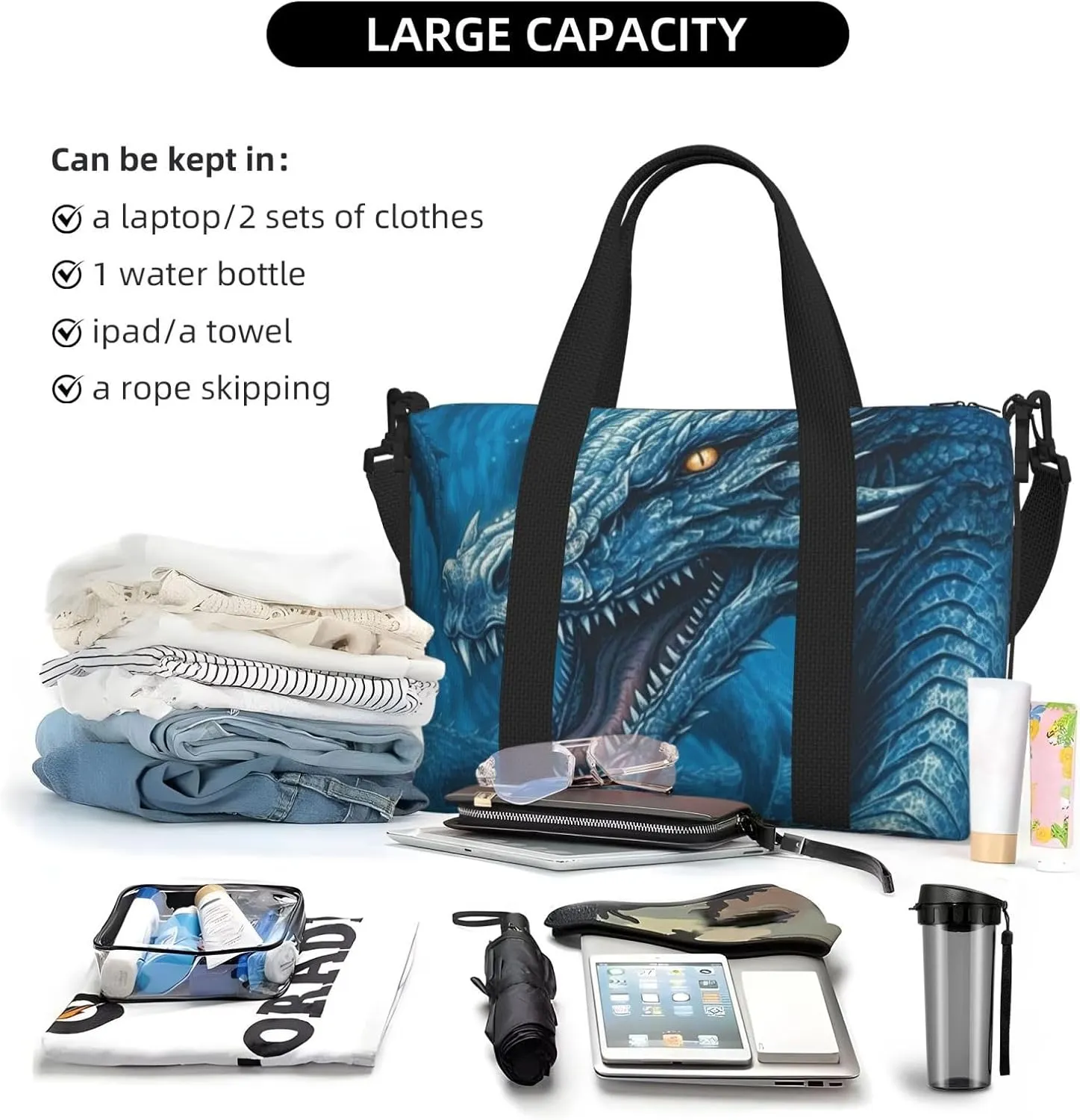 Sports Gym Bag for Women Men Travel Duffel Bag Tote Weekender Bag Carry on Overnight Bag for Travel Swimming Fitness Workout Sports Dragon Cool Blue Duffle Bag