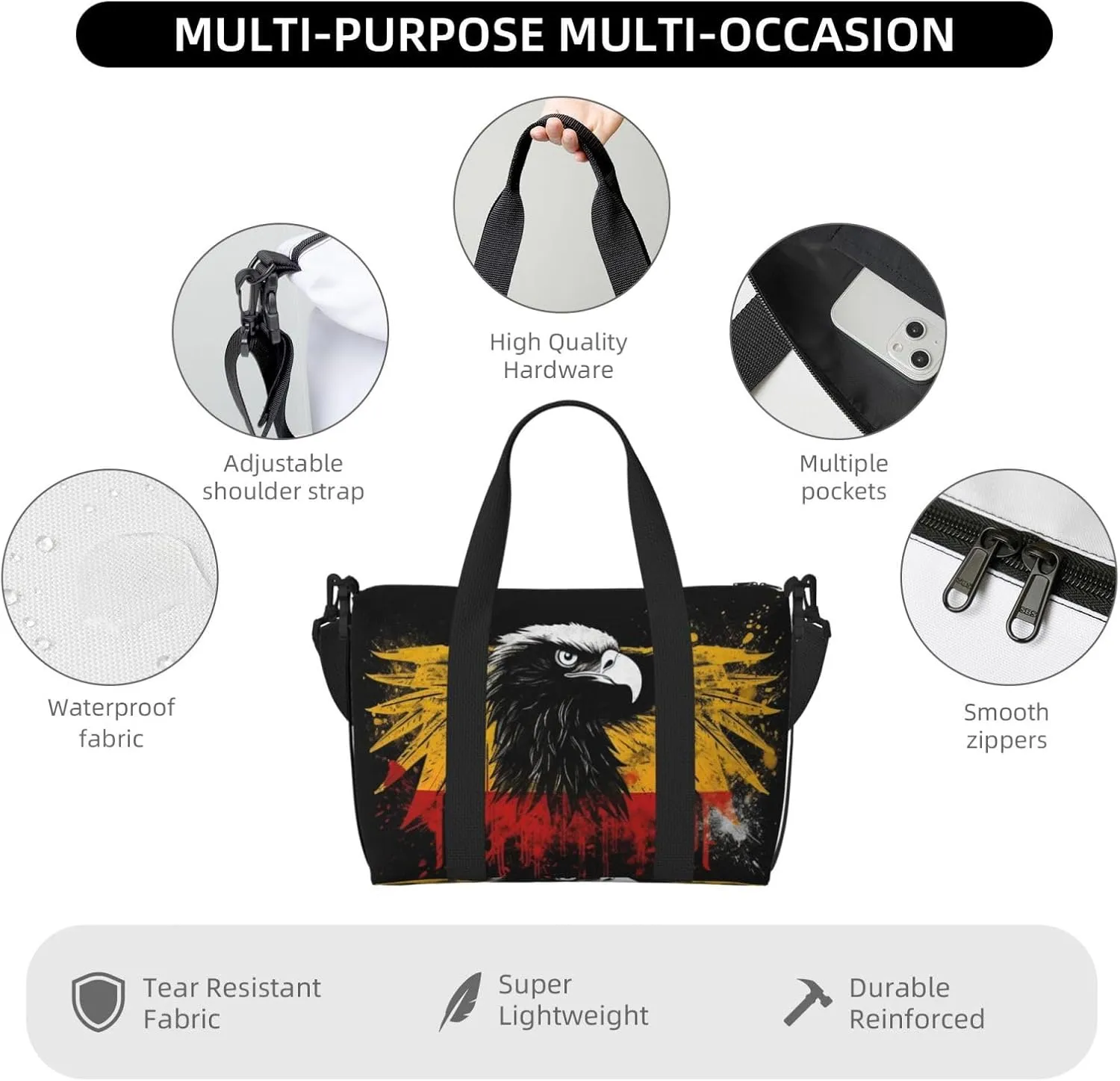 Sports Gym Bag for Women Men Travel Duffel Bag Tote Weekender Bag Carry on Overnight Bag for Travel Swimming Fitness Workout Sports Germany Flag Eagle Duffle Bag
