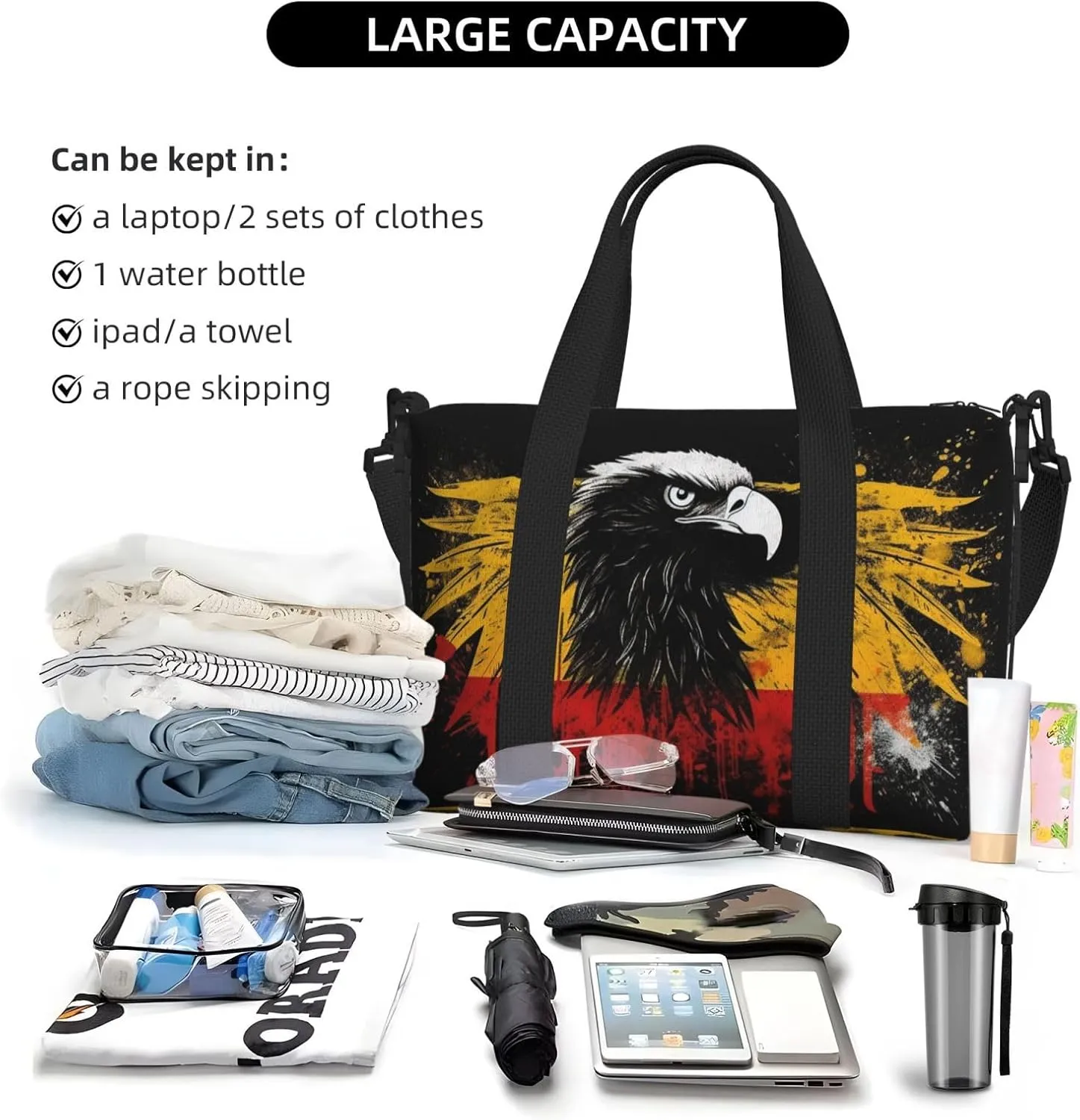 Sports Gym Bag for Women Men Travel Duffel Bag Tote Weekender Bag Carry on Overnight Bag for Travel Swimming Fitness Workout Sports Germany Flag Eagle Duffle Bag