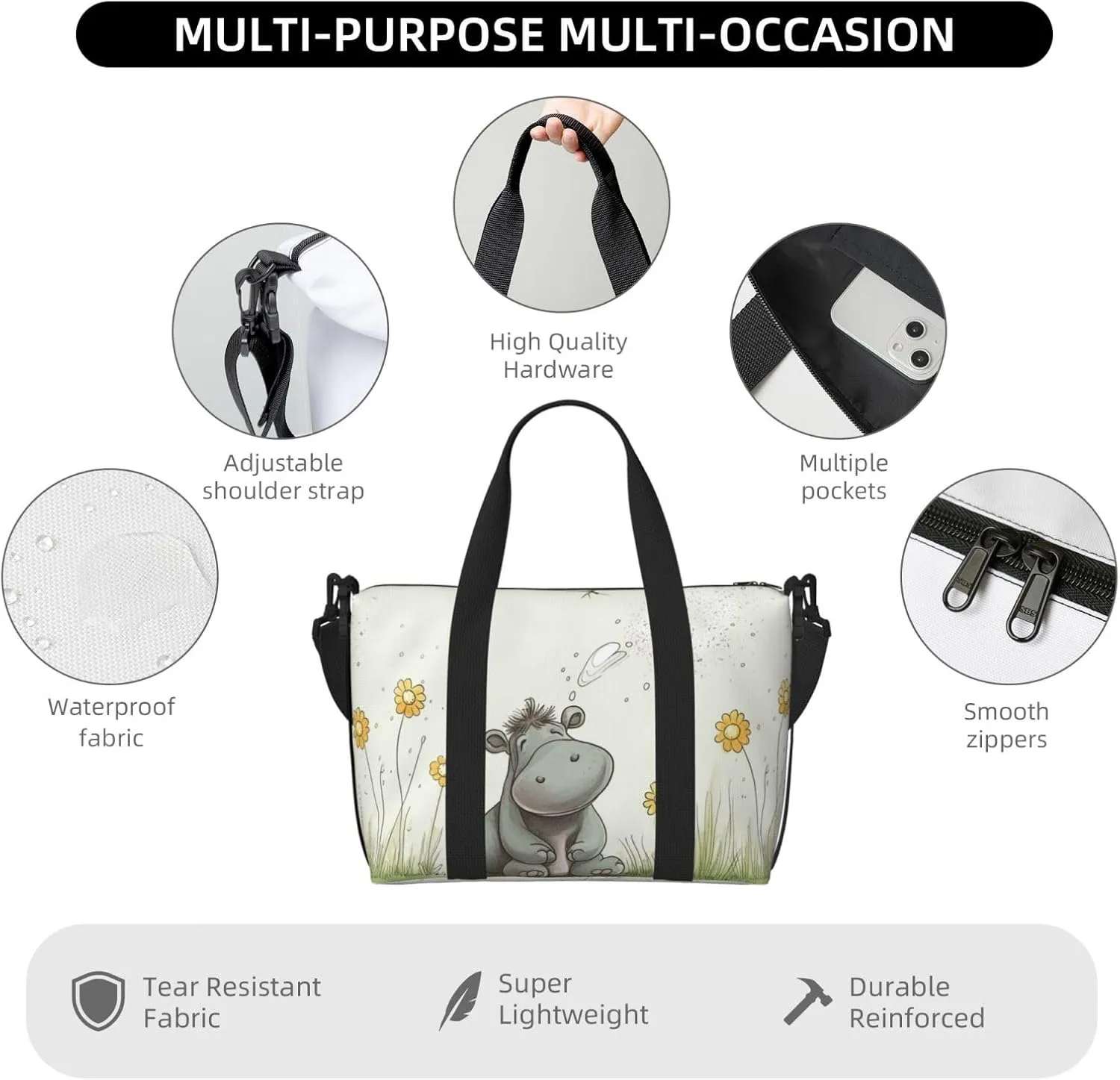 Sports Gym Bag for Women Men Travel Duffel Bag Tote Weekender Bag Carry on Overnight Bag for Travel Swimming Fitness Workout Sports Hippo and Dandelion Duffle Bag