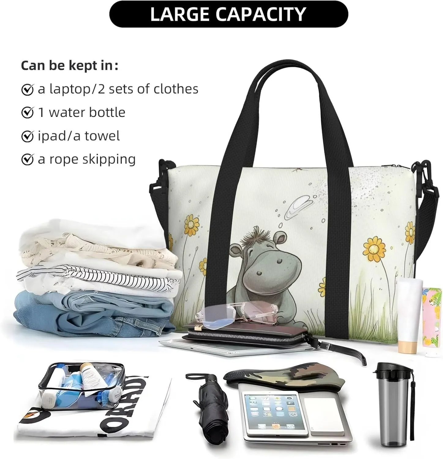 Sports Gym Bag for Women Men Travel Duffel Bag Tote Weekender Bag Carry on Overnight Bag for Travel Swimming Fitness Workout Sports Hippo and Dandelion Duffle Bag