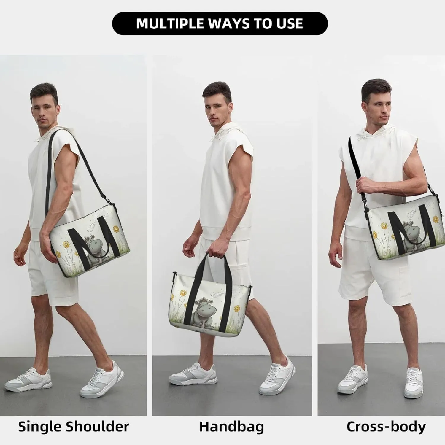 Sports Gym Bag for Women Men Travel Duffel Bag Tote Weekender Bag Carry on Overnight Bag for Travel Swimming Fitness Workout Sports Hippo and Dandelion Duffle Bag
