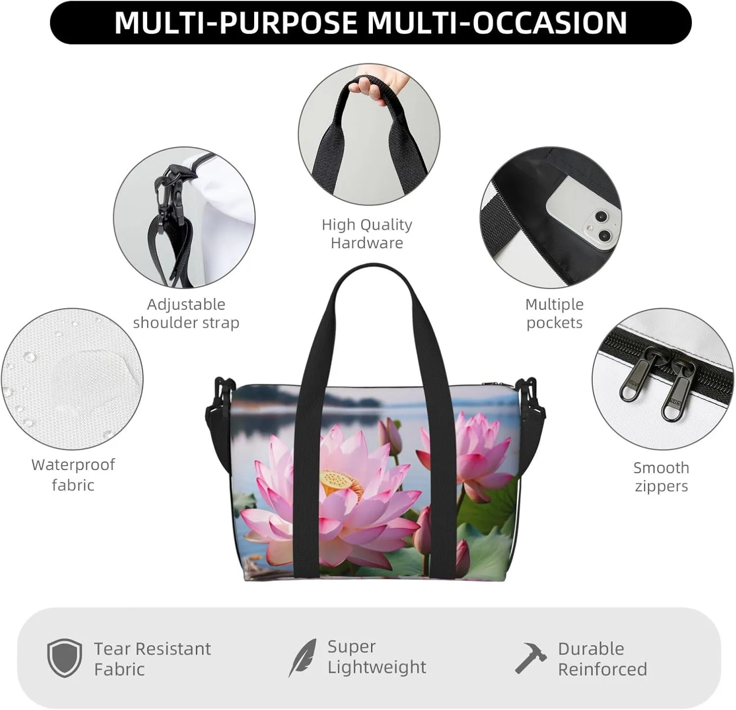Sports Gym Bag for Women Men Travel Duffel Bag Tote Weekender Bag Carry on Overnight Bag for Travel Swimming Fitness Workout Sports Lakeside Flowers Duffle Bag