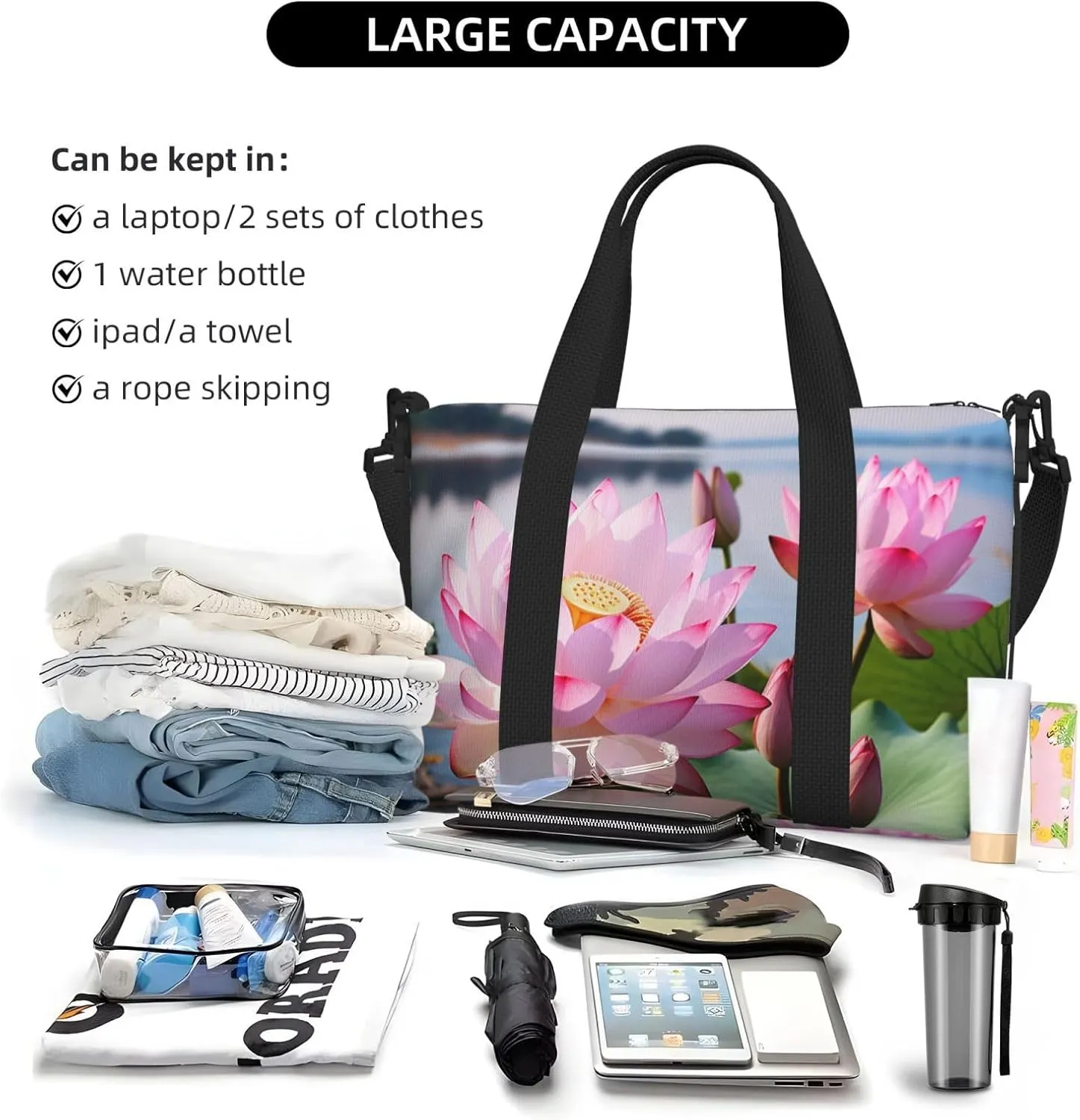 Sports Gym Bag for Women Men Travel Duffel Bag Tote Weekender Bag Carry on Overnight Bag for Travel Swimming Fitness Workout Sports Lakeside Flowers Duffle Bag