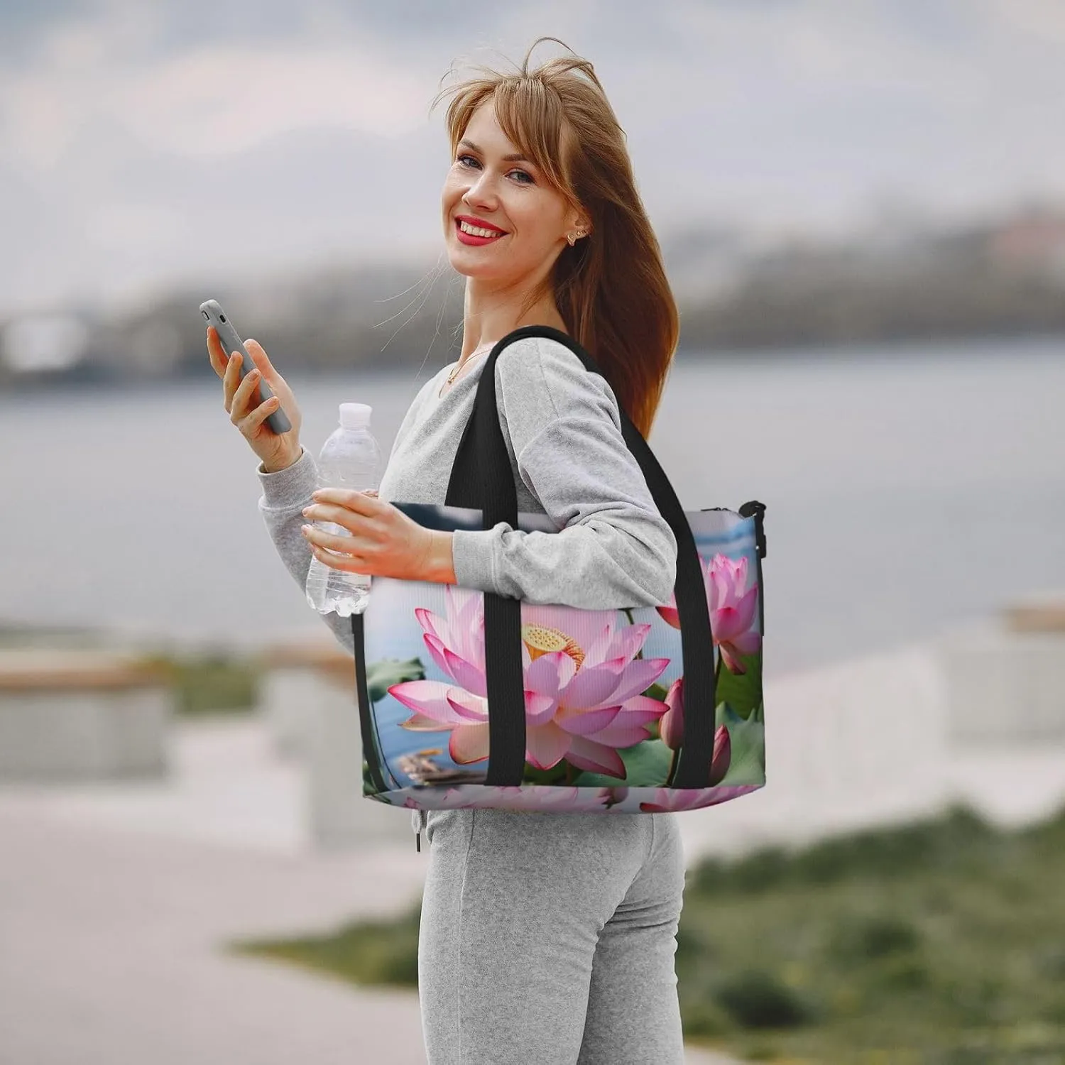 Sports Gym Bag for Women Men Travel Duffel Bag Tote Weekender Bag Carry on Overnight Bag for Travel Swimming Fitness Workout Sports Lakeside Flowers Duffle Bag