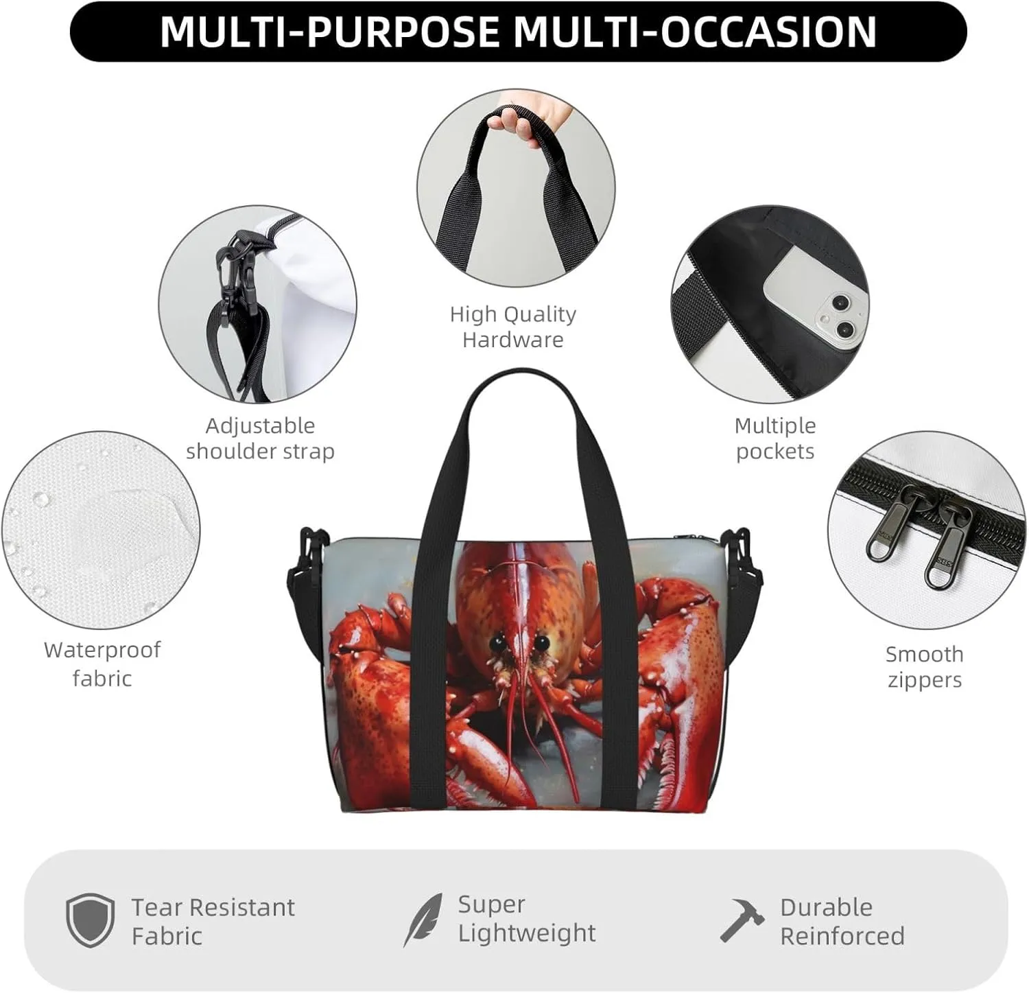 Sports Gym Bag for Women Men Travel Duffel Bag Tote Weekender Bag Carry on Overnight Bag for Travel Swimming Fitness Workout Sports Lobster Duffle Bag