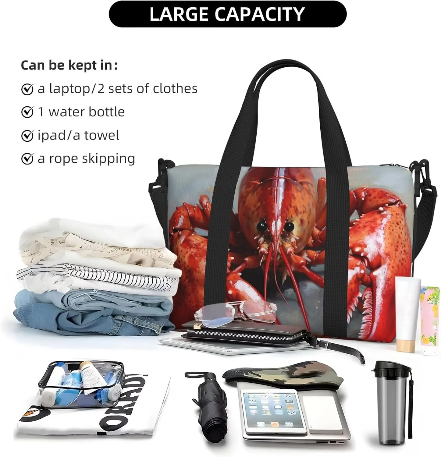 Sports Gym Bag for Women Men Travel Duffel Bag Tote Weekender Bag Carry on Overnight Bag for Travel Swimming Fitness Workout Sports Lobster Duffle Bag