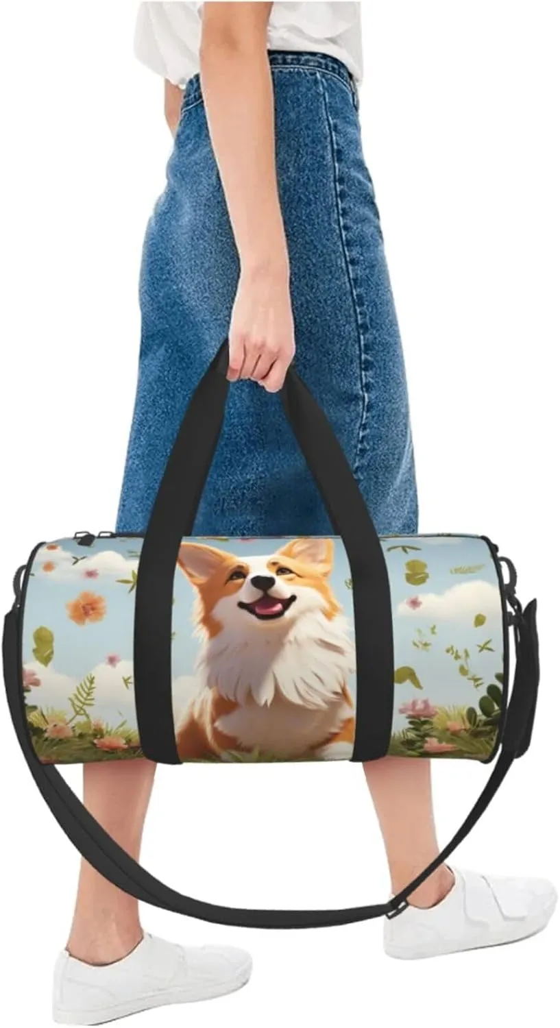 Sports Gym Bag for Women Men Travel Duffel Bag Tote Weekender Bag Carry on Overnight Bag for Travel Swimming Fitness Workout Sports Lovely Corgi Duffle Bag