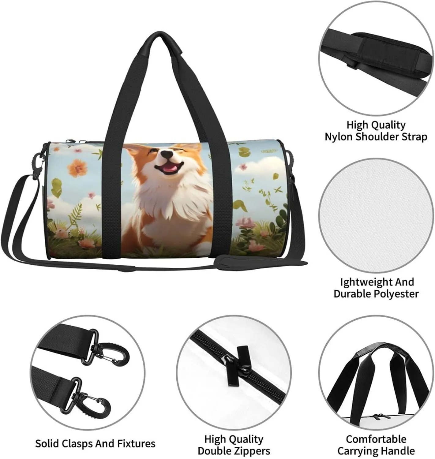 Sports Gym Bag for Women Men Travel Duffel Bag Tote Weekender Bag Carry on Overnight Bag for Travel Swimming Fitness Workout Sports Lovely Corgi Duffle Bag