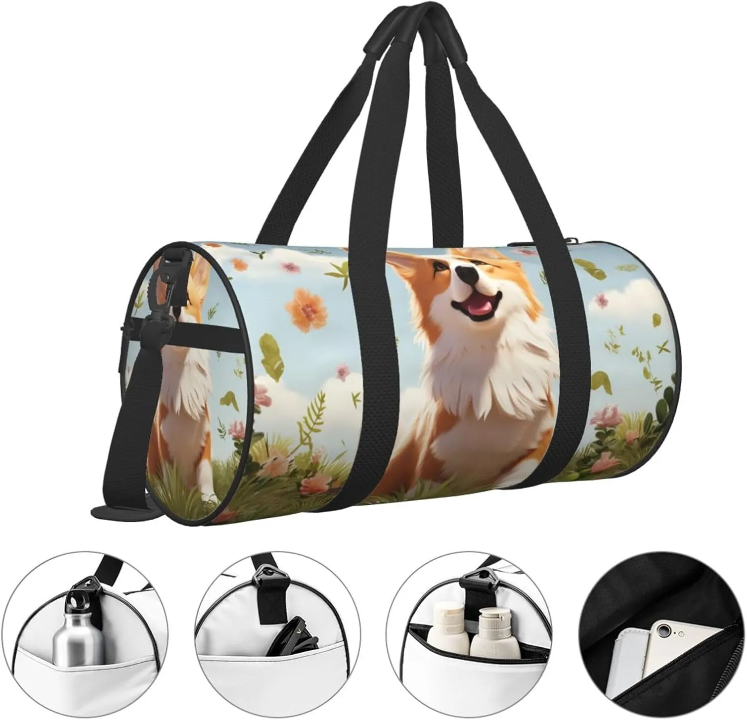 Sports Gym Bag for Women Men Travel Duffel Bag Tote Weekender Bag Carry on Overnight Bag for Travel Swimming Fitness Workout Sports Lovely Corgi Duffle Bag