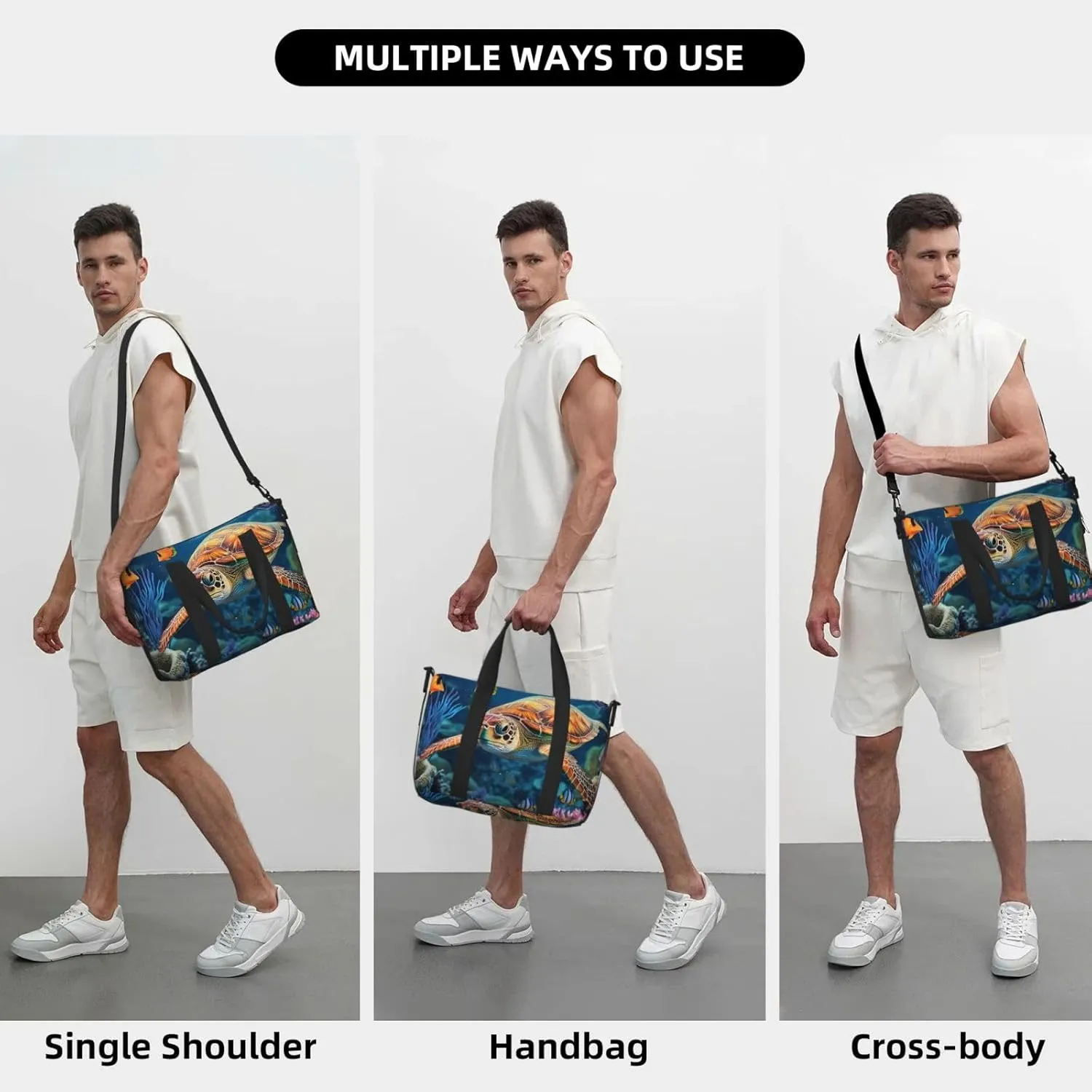 Sports Gym Bag for Women Men Travel Duffel Bag Tote Weekender Bag Carry on Overnight Bag for Travel Swimming Fitness Workout Sports Ocean Sea Turtle Tropical Fish Starfish Duffle Bag