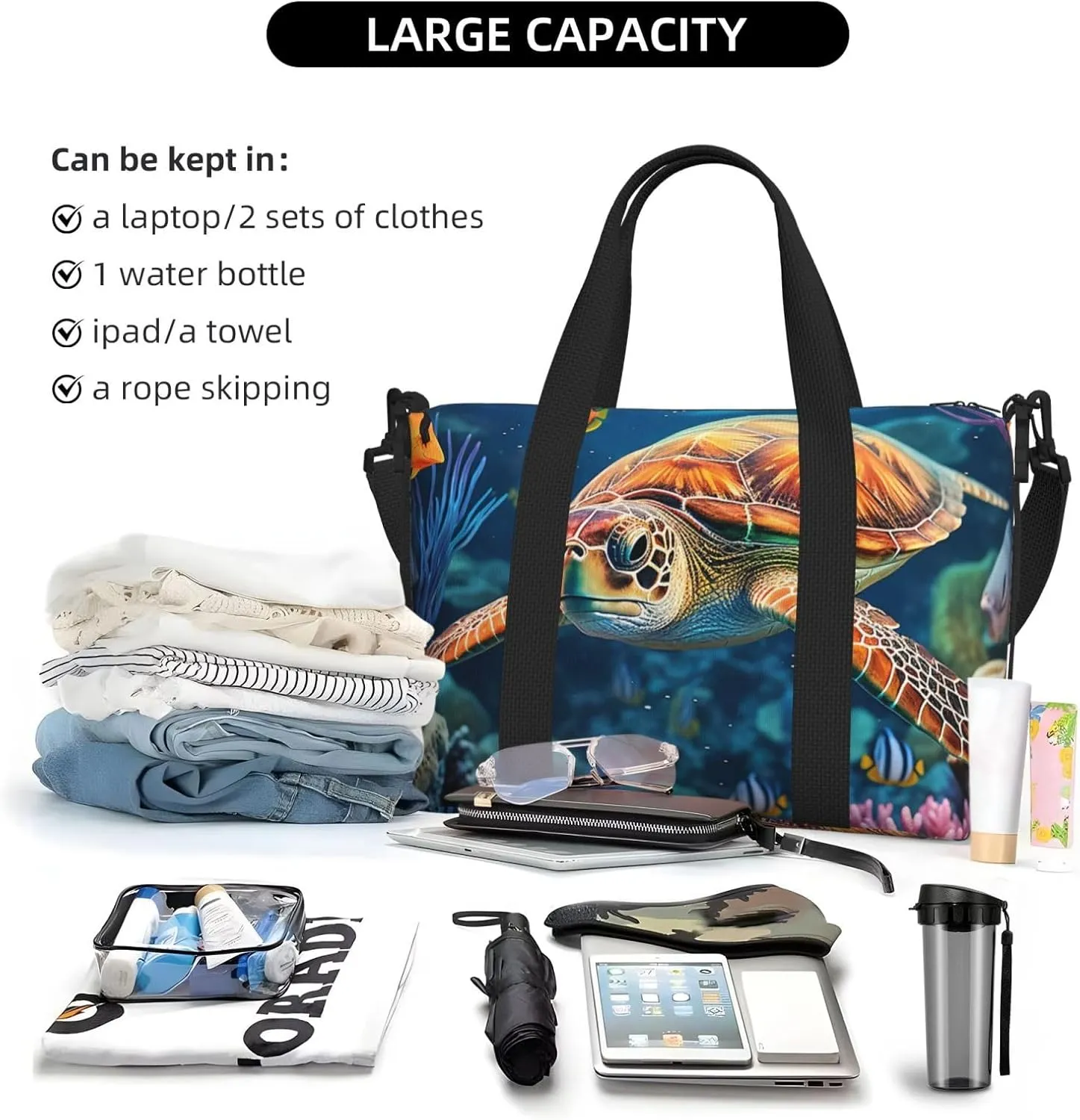 Sports Gym Bag for Women Men Travel Duffel Bag Tote Weekender Bag Carry on Overnight Bag for Travel Swimming Fitness Workout Sports Ocean Sea Turtle Tropical Fish Starfish Duffle Bag