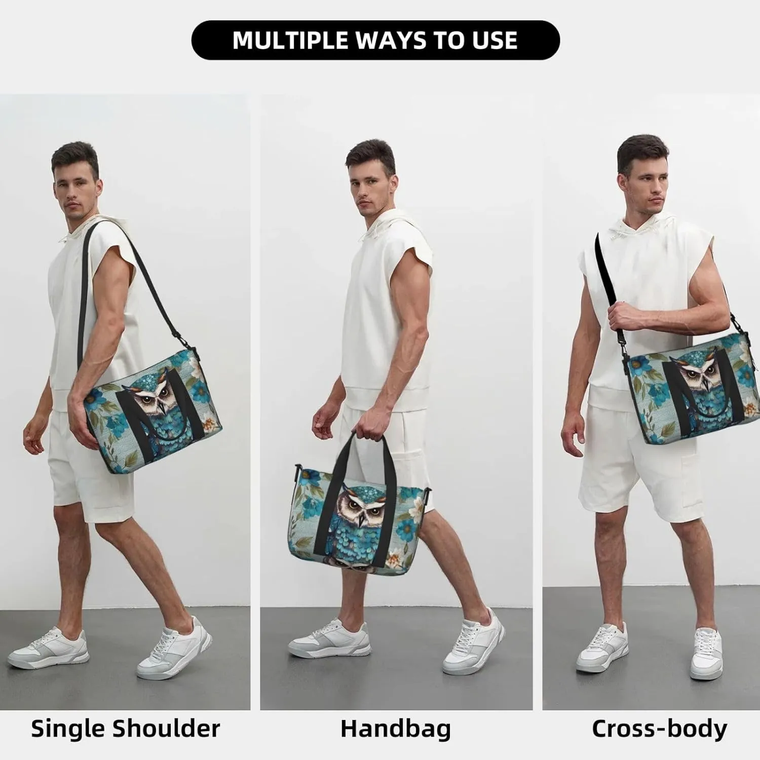 Sports Gym Bag for Women Men Travel Duffel Bag Tote Weekender Bag Carry on Overnight Bag for Travel Swimming Fitness Workout Sports Owl Spring Flowers Turquoise Duffle Bag