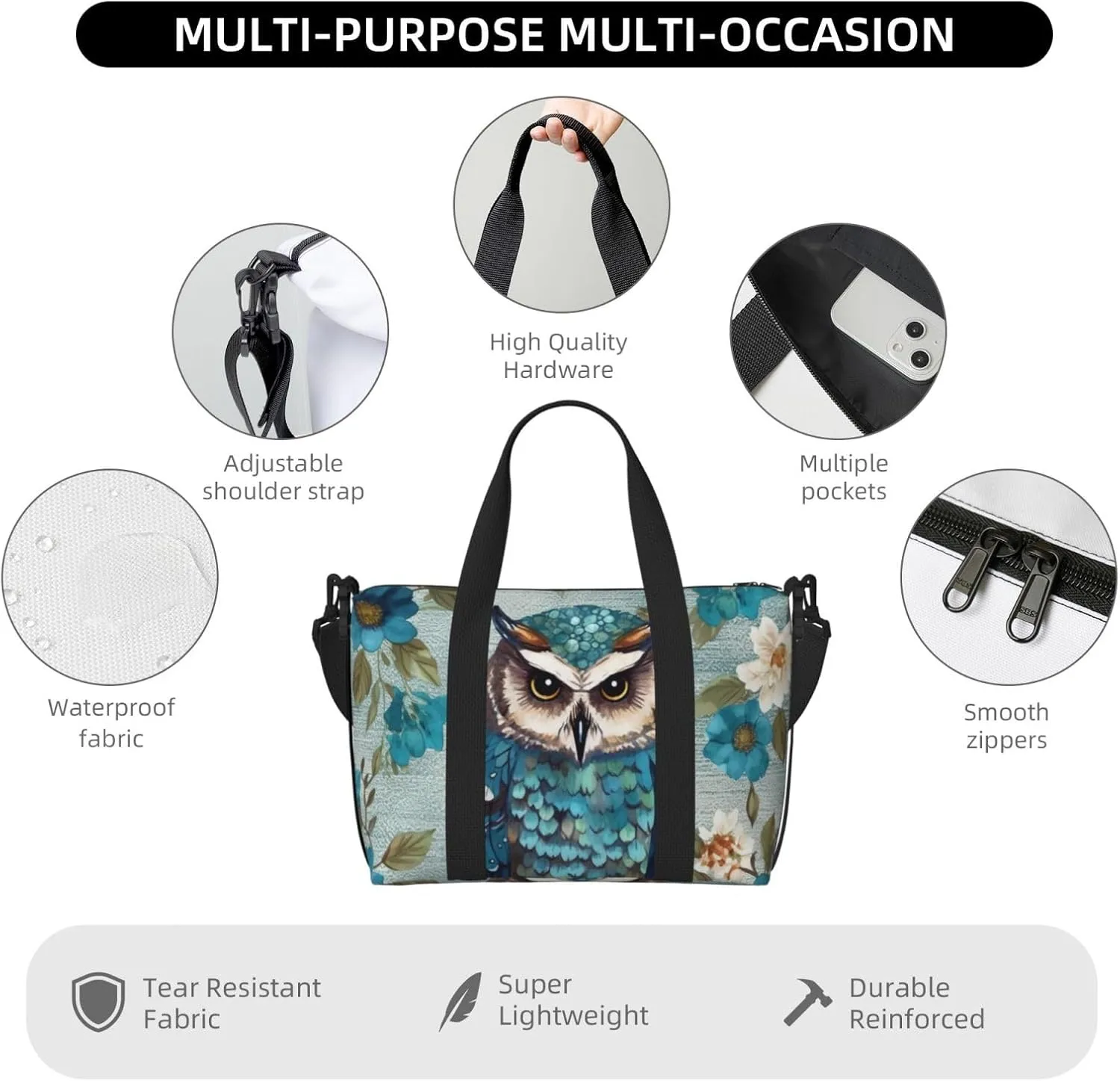 Sports Gym Bag for Women Men Travel Duffel Bag Tote Weekender Bag Carry on Overnight Bag for Travel Swimming Fitness Workout Sports Owl Spring Flowers Turquoise Duffle Bag