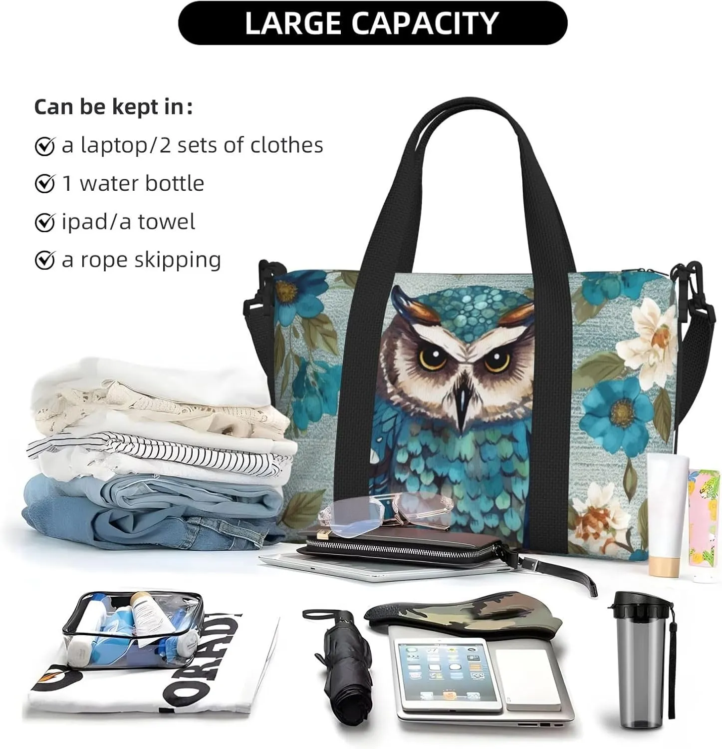 Sports Gym Bag for Women Men Travel Duffel Bag Tote Weekender Bag Carry on Overnight Bag for Travel Swimming Fitness Workout Sports Owl Spring Flowers Turquoise Duffle Bag