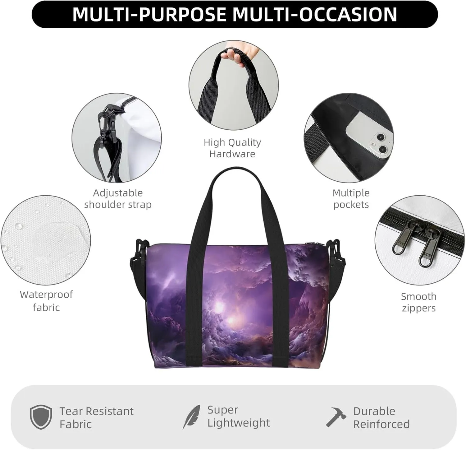 Sports Gym Bag for Women Men Travel Duffel Bag Tote Weekender Bag Carry on Overnight Bag for Travel Swimming Fitness Workout Sports Purple Galaxy Duffle Bag
