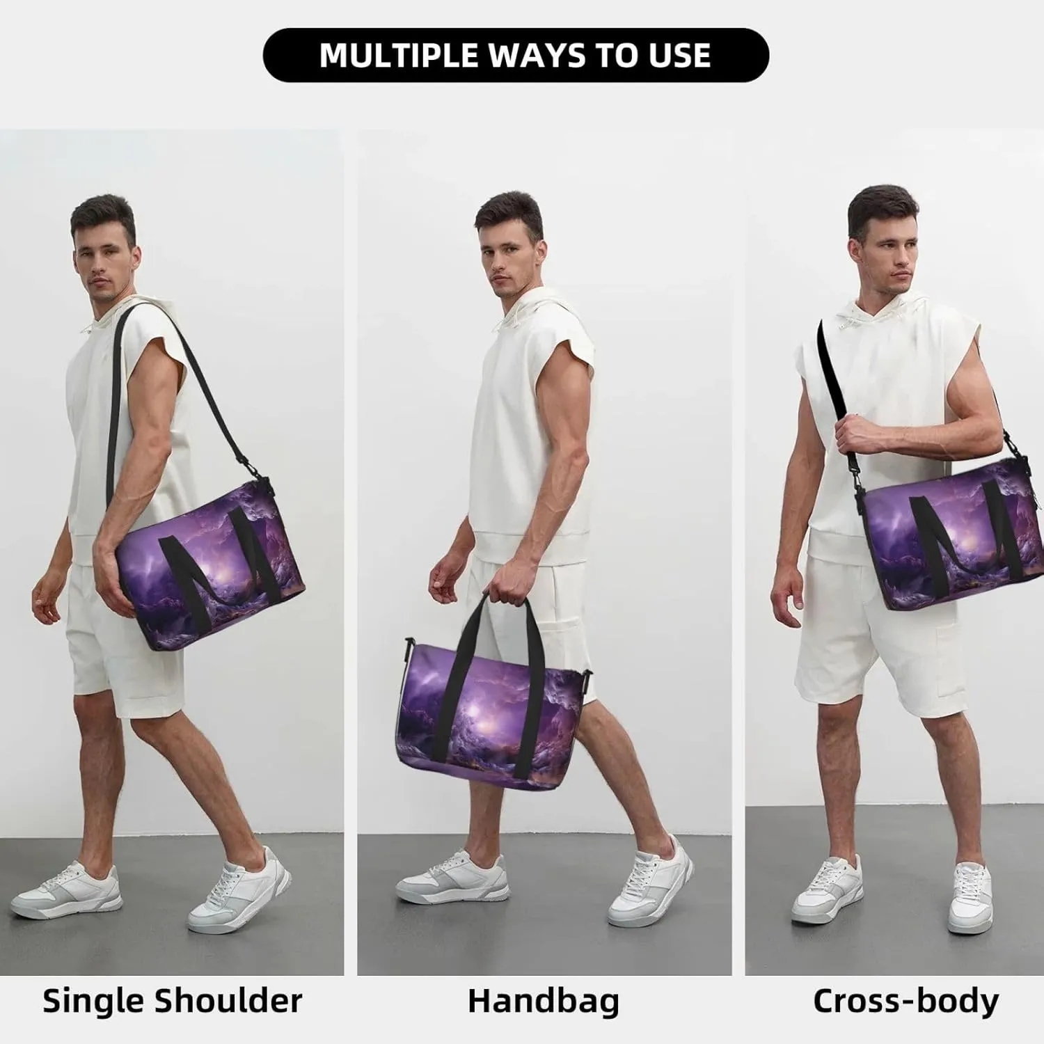 Sports Gym Bag for Women Men Travel Duffel Bag Tote Weekender Bag Carry on Overnight Bag for Travel Swimming Fitness Workout Sports Purple Galaxy Duffle Bag