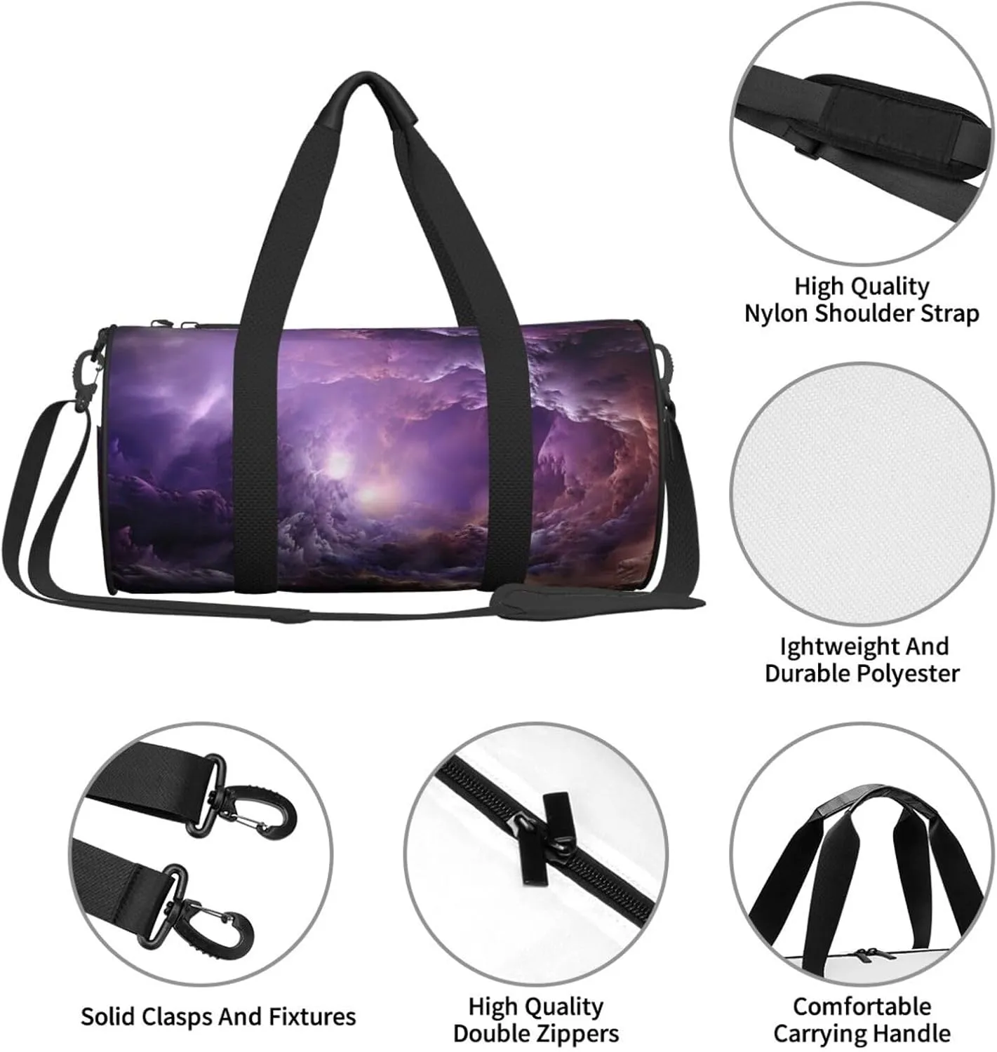 Sports Gym Bag for Women Men Travel Duffel Bag Tote Weekender Bag Carry on Overnight Bag for Travel Swimming Fitness Workout Sports Purple Galaxy Duffle Bag