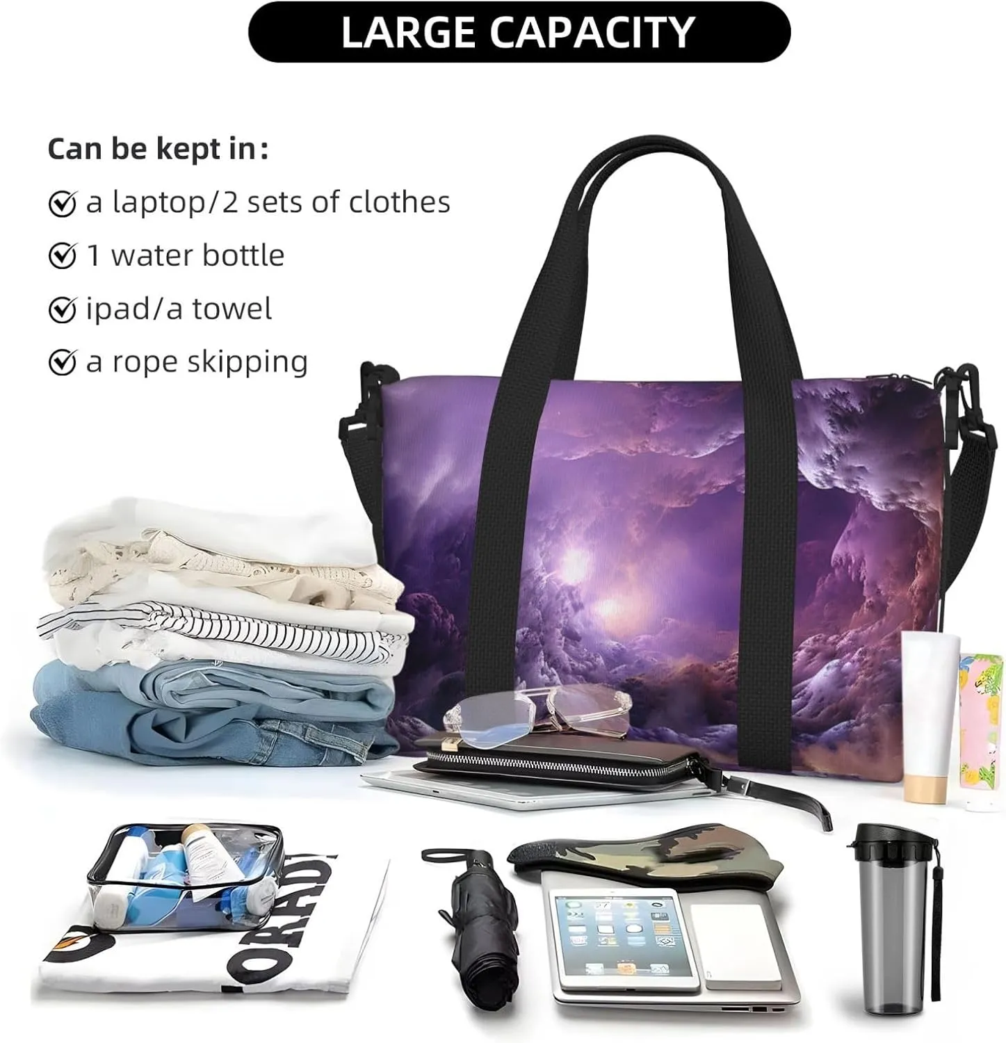Sports Gym Bag for Women Men Travel Duffel Bag Tote Weekender Bag Carry on Overnight Bag for Travel Swimming Fitness Workout Sports Purple Galaxy Duffle Bag