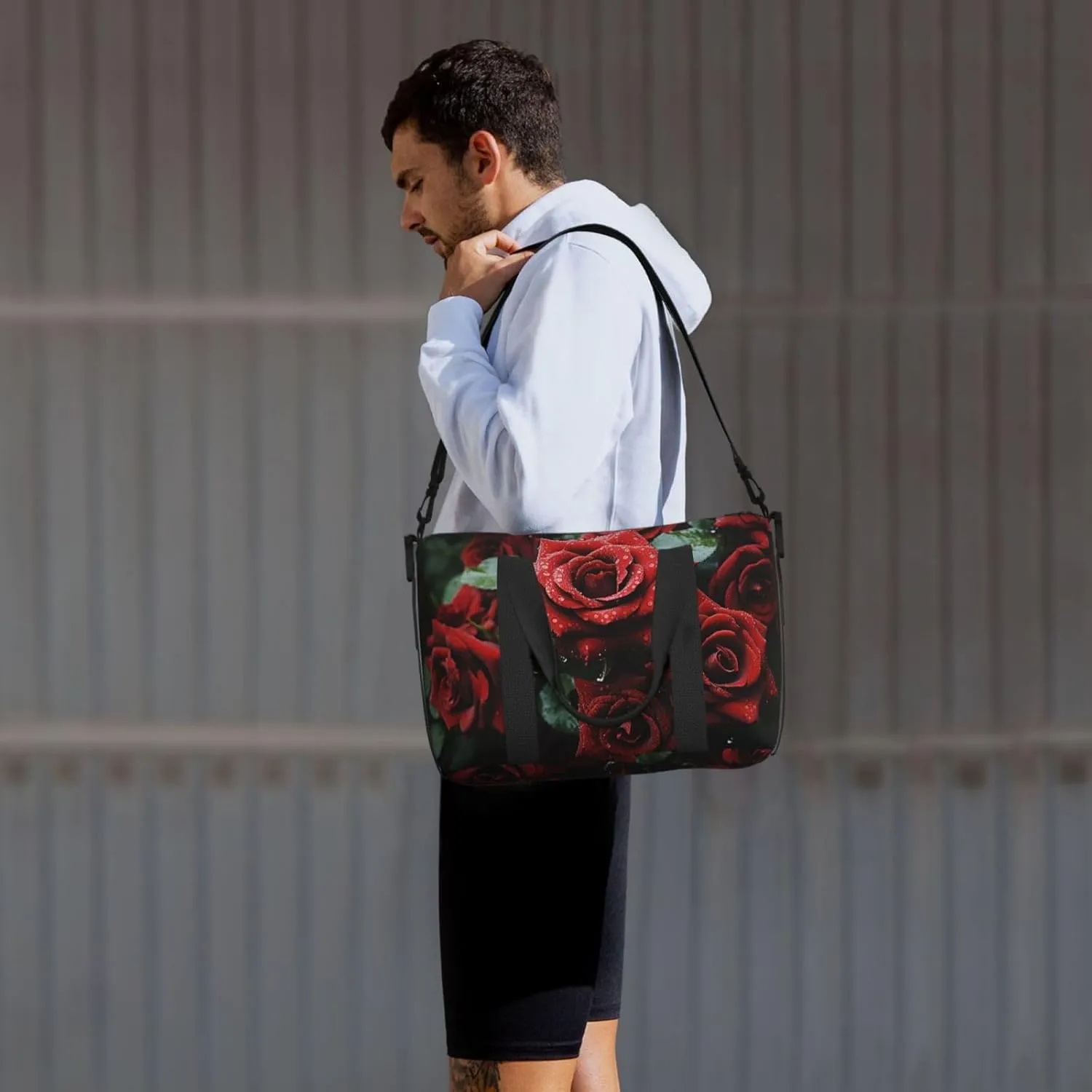 Sports Gym Bag for Women Men Travel Duffel Bag Tote Weekender Bag Carry on Overnight Bag for Travel Swimming Fitness Workout Sports Red and black rose Duffle Bag