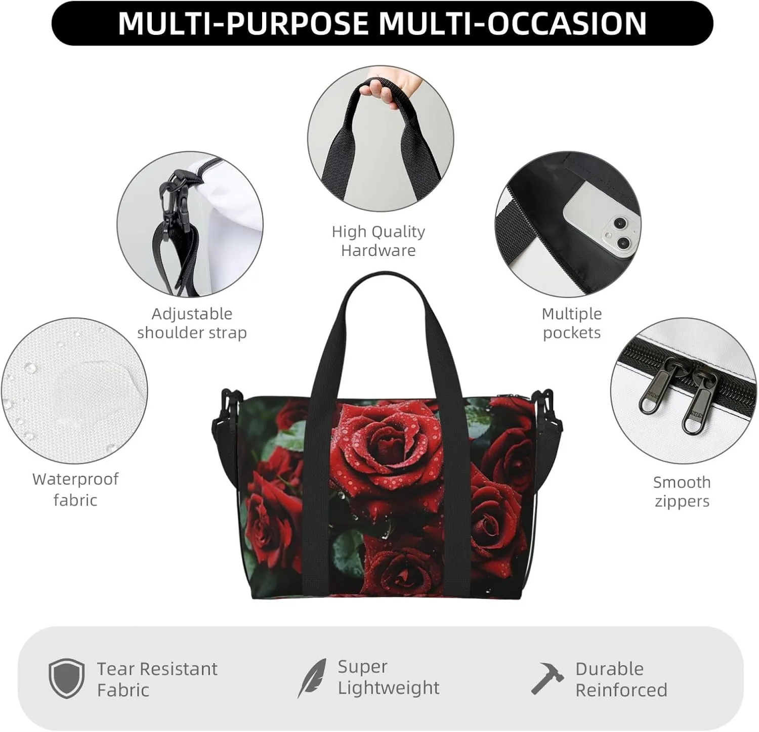 Sports Gym Bag for Women Men Travel Duffel Bag Tote Weekender Bag Carry on Overnight Bag for Travel Swimming Fitness Workout Sports Red and black rose Duffle Bag