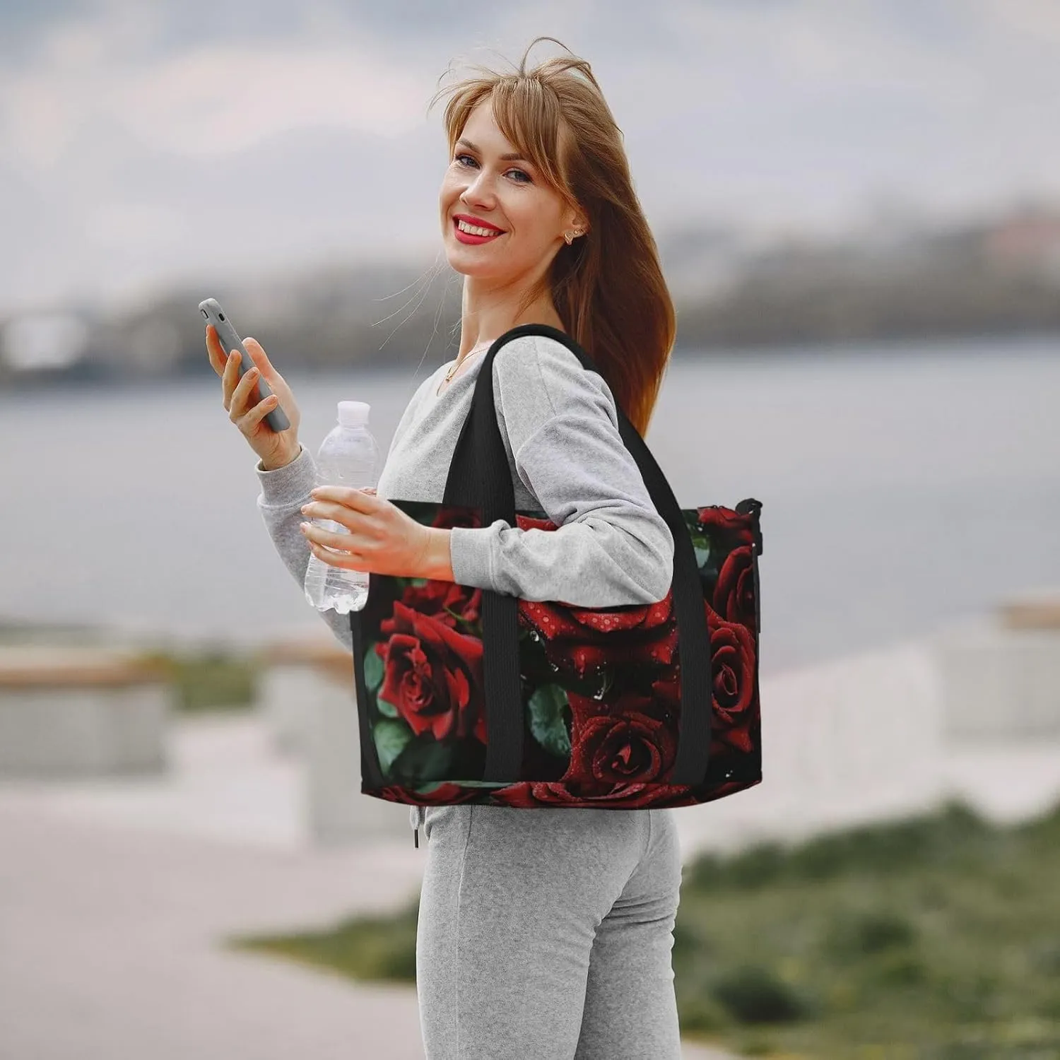 Sports Gym Bag for Women Men Travel Duffel Bag Tote Weekender Bag Carry on Overnight Bag for Travel Swimming Fitness Workout Sports Red and black rose Duffle Bag