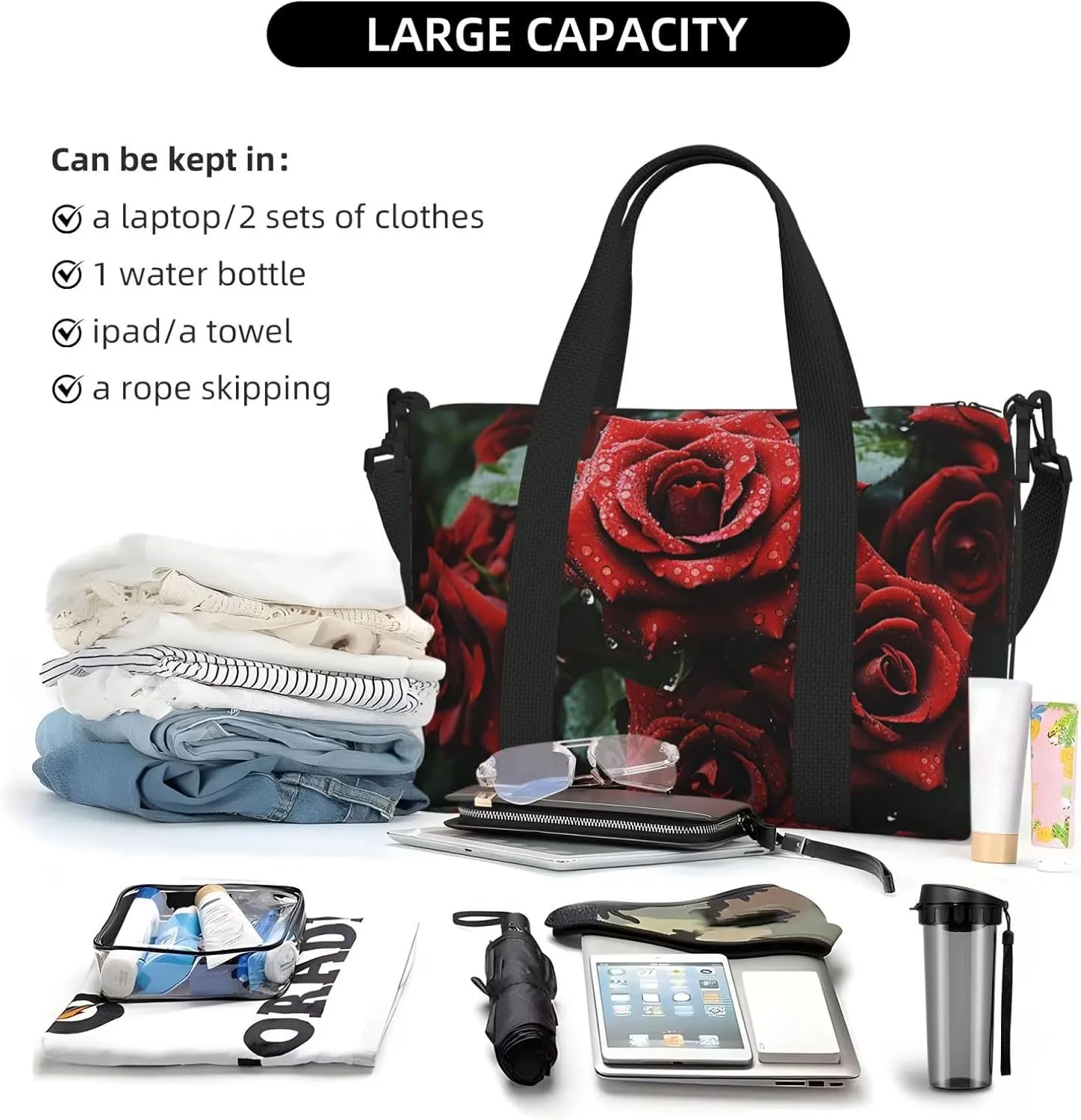 Sports Gym Bag for Women Men Travel Duffel Bag Tote Weekender Bag Carry on Overnight Bag for Travel Swimming Fitness Workout Sports Red and black rose Duffle Bag