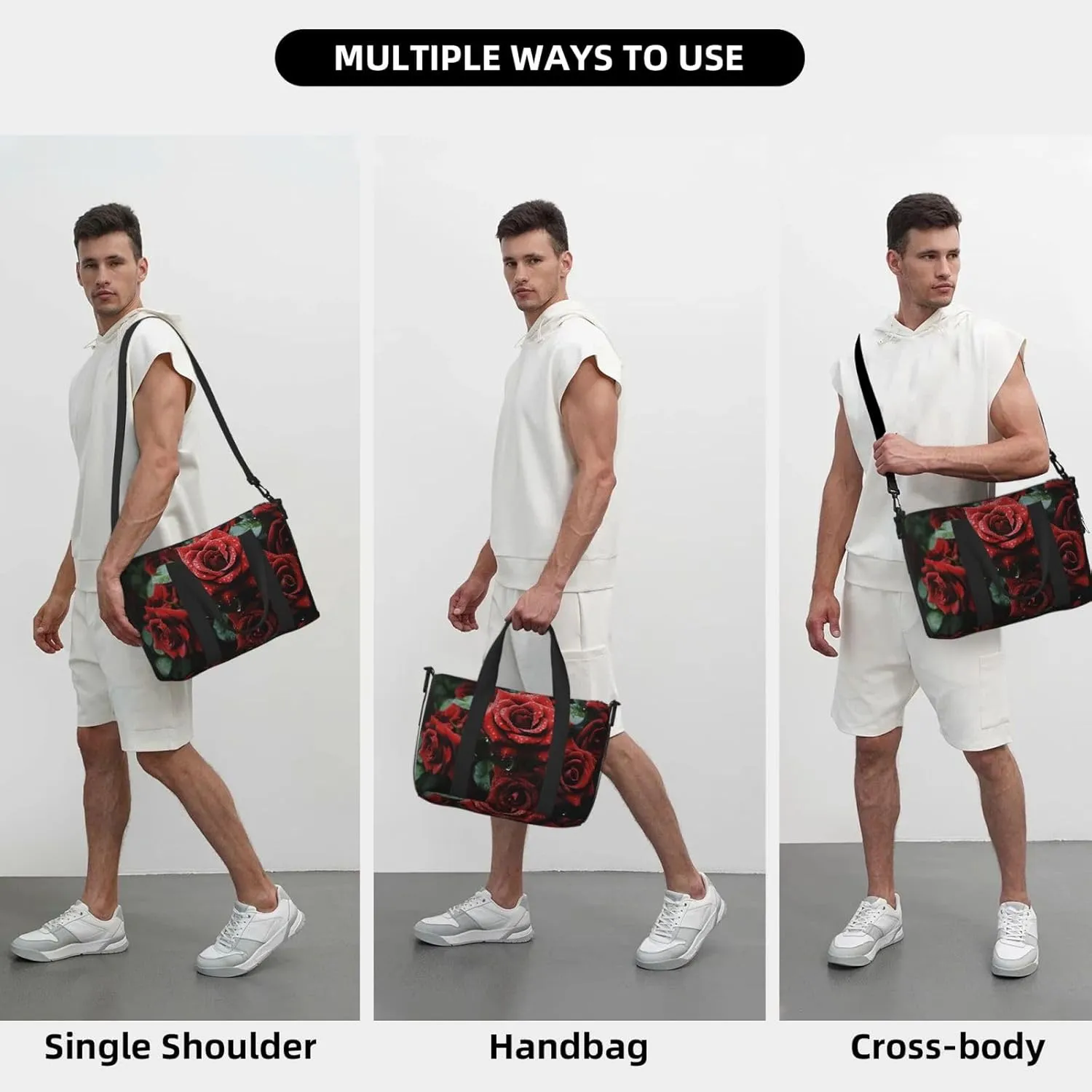 Sports Gym Bag for Women Men Travel Duffel Bag Tote Weekender Bag Carry on Overnight Bag for Travel Swimming Fitness Workout Sports Red and black rose Duffle Bag