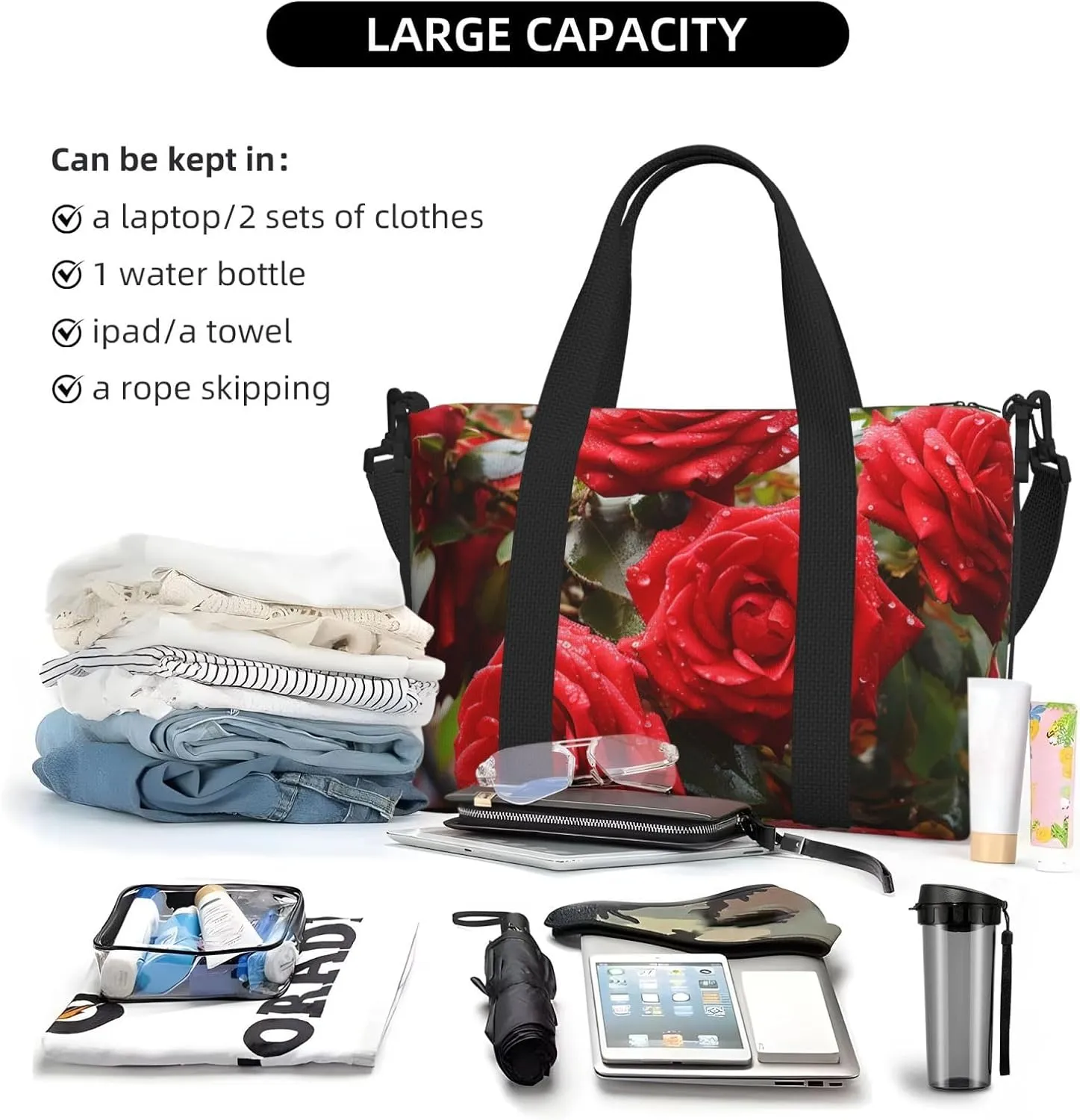 Sports Gym Bag for Women Men Travel Duffel Bag Tote Weekender Bag Carry on Overnight Bag for Travel Swimming Fitness Workout Sports Red Roses Bush in The Garden Duffle Bag