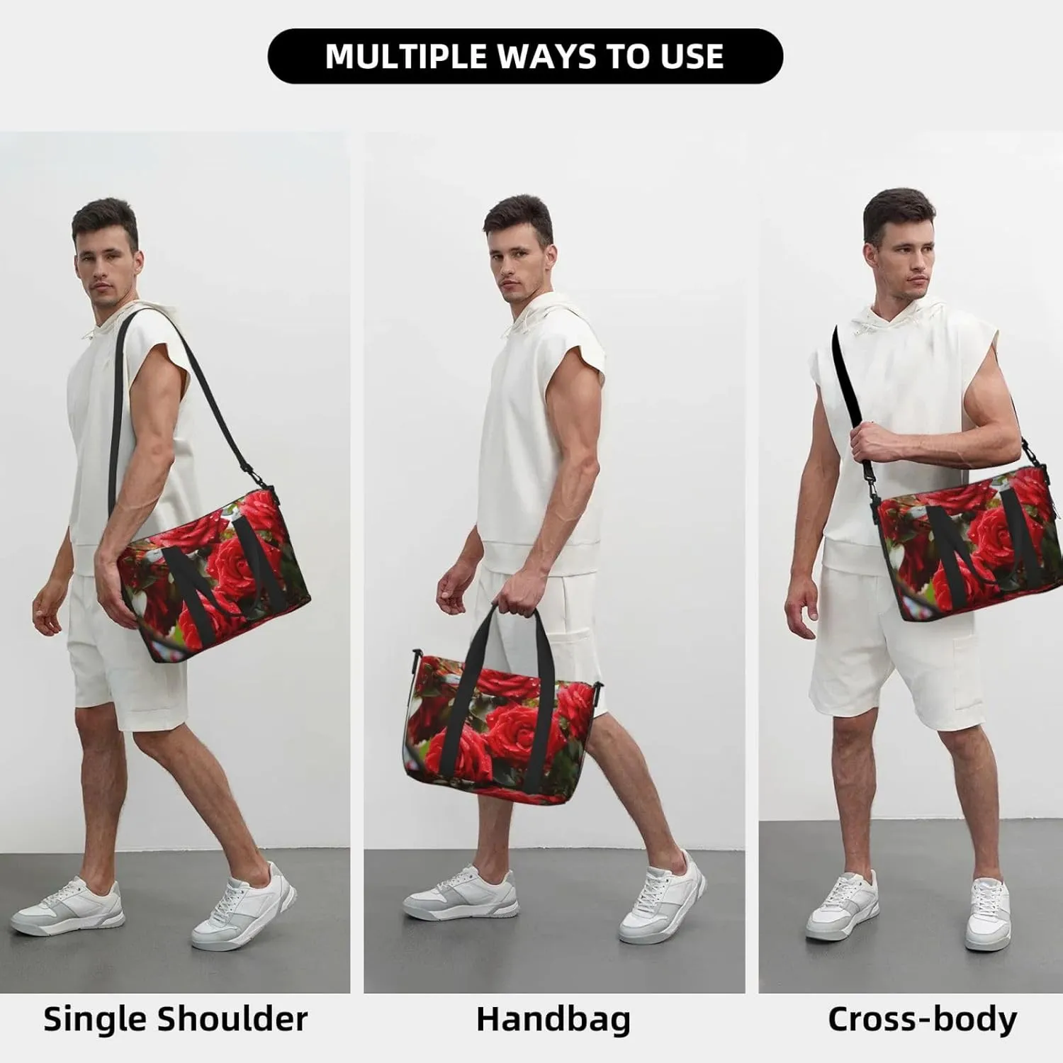 Sports Gym Bag for Women Men Travel Duffel Bag Tote Weekender Bag Carry on Overnight Bag for Travel Swimming Fitness Workout Sports Red Roses Bush in The Garden Duffle Bag