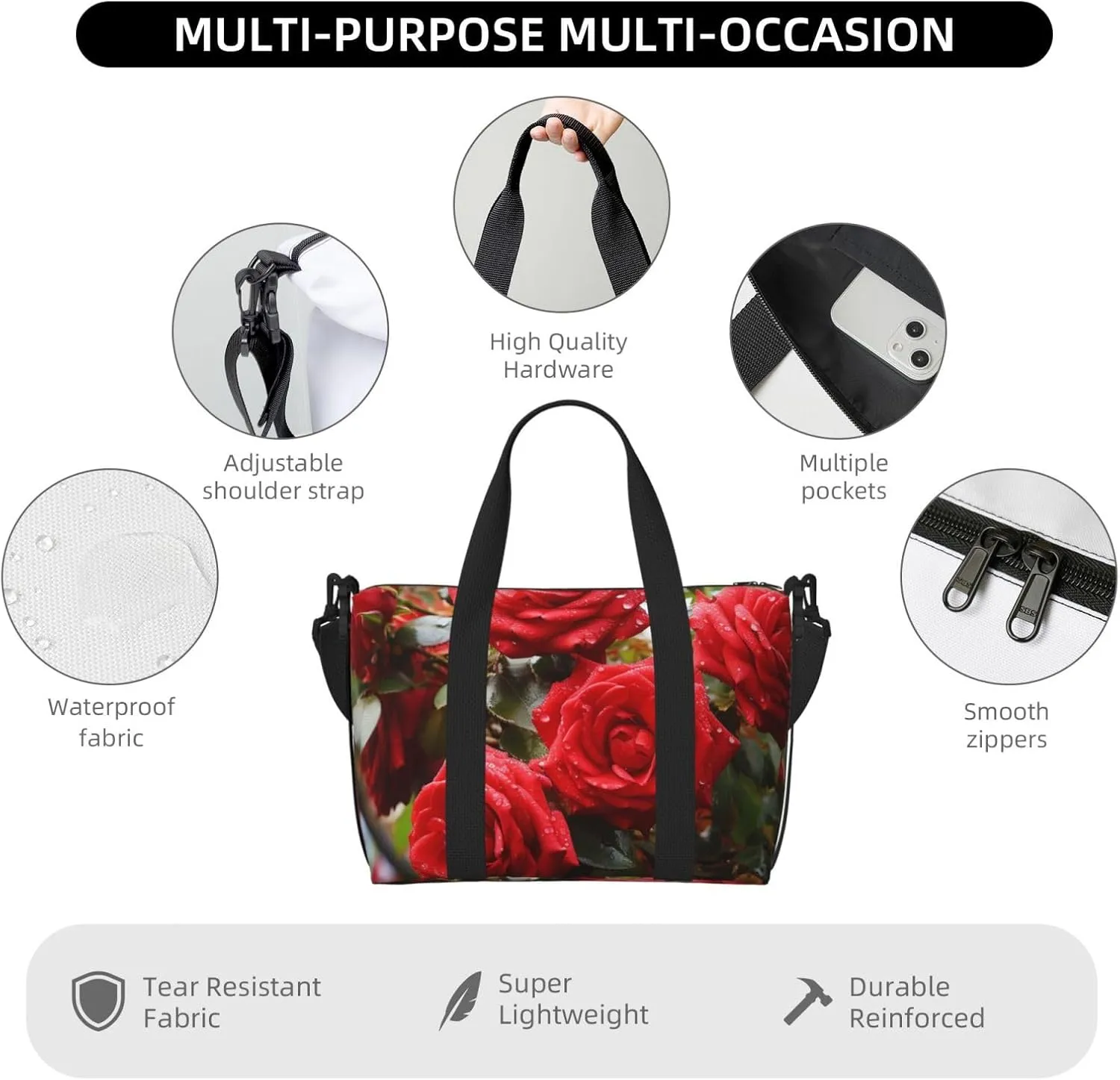 Sports Gym Bag for Women Men Travel Duffel Bag Tote Weekender Bag Carry on Overnight Bag for Travel Swimming Fitness Workout Sports Red Roses Bush in The Garden Duffle Bag