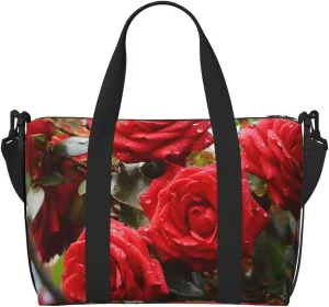 Sports Gym Bag for Women Men Travel Duffel Bag Tote Weekender Bag Carry on Overnight Bag for Travel Swimming Fitness Workout Sports Red Roses Bush in The Garden Duffle Bag