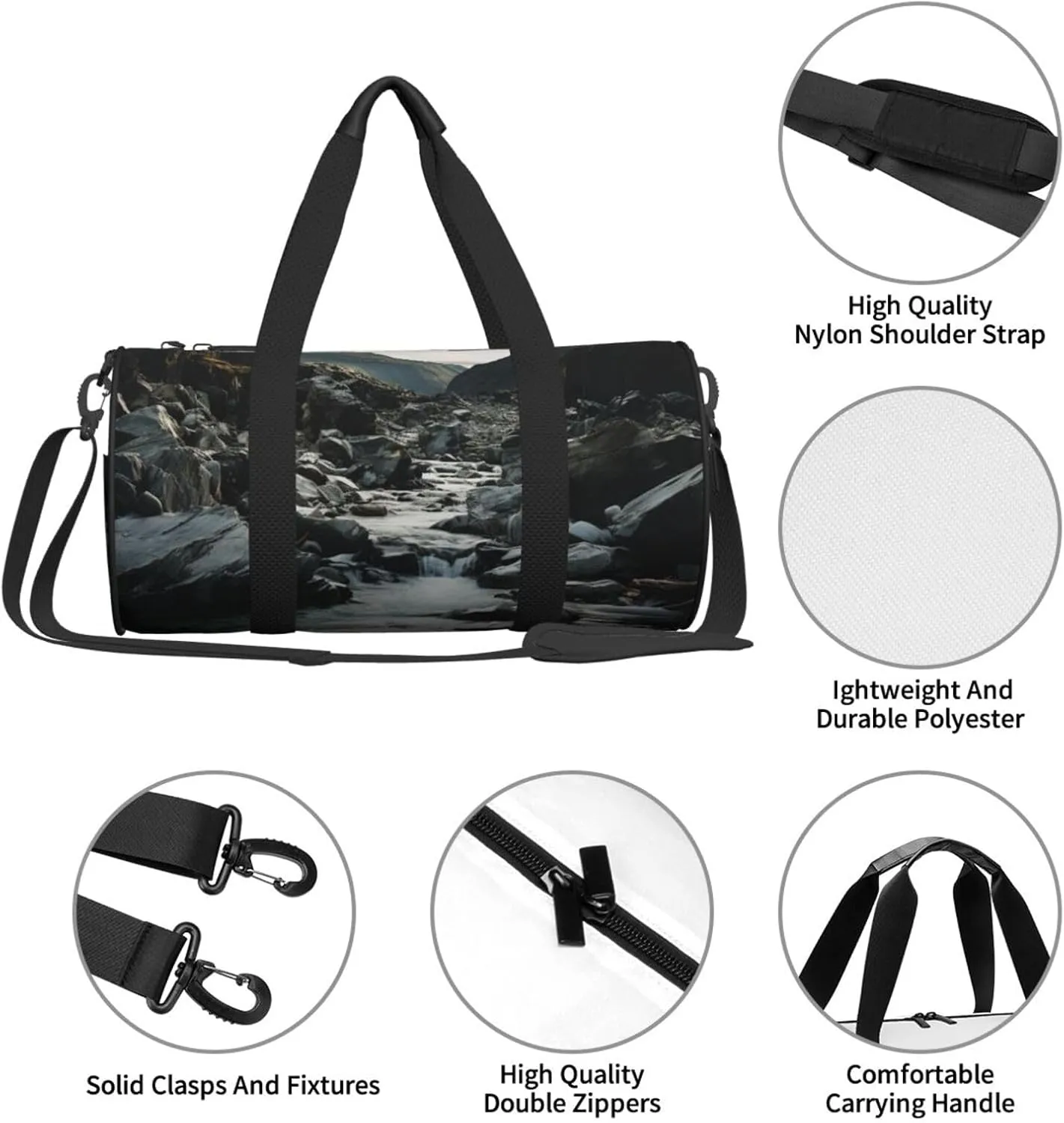 Sports Gym Bag for Women Men Travel Duffel Bag Tote Weekender Bag Carry on Overnight Bag for Travel Swimming Fitness Workout Sports River and gray rocks Duffle Bag