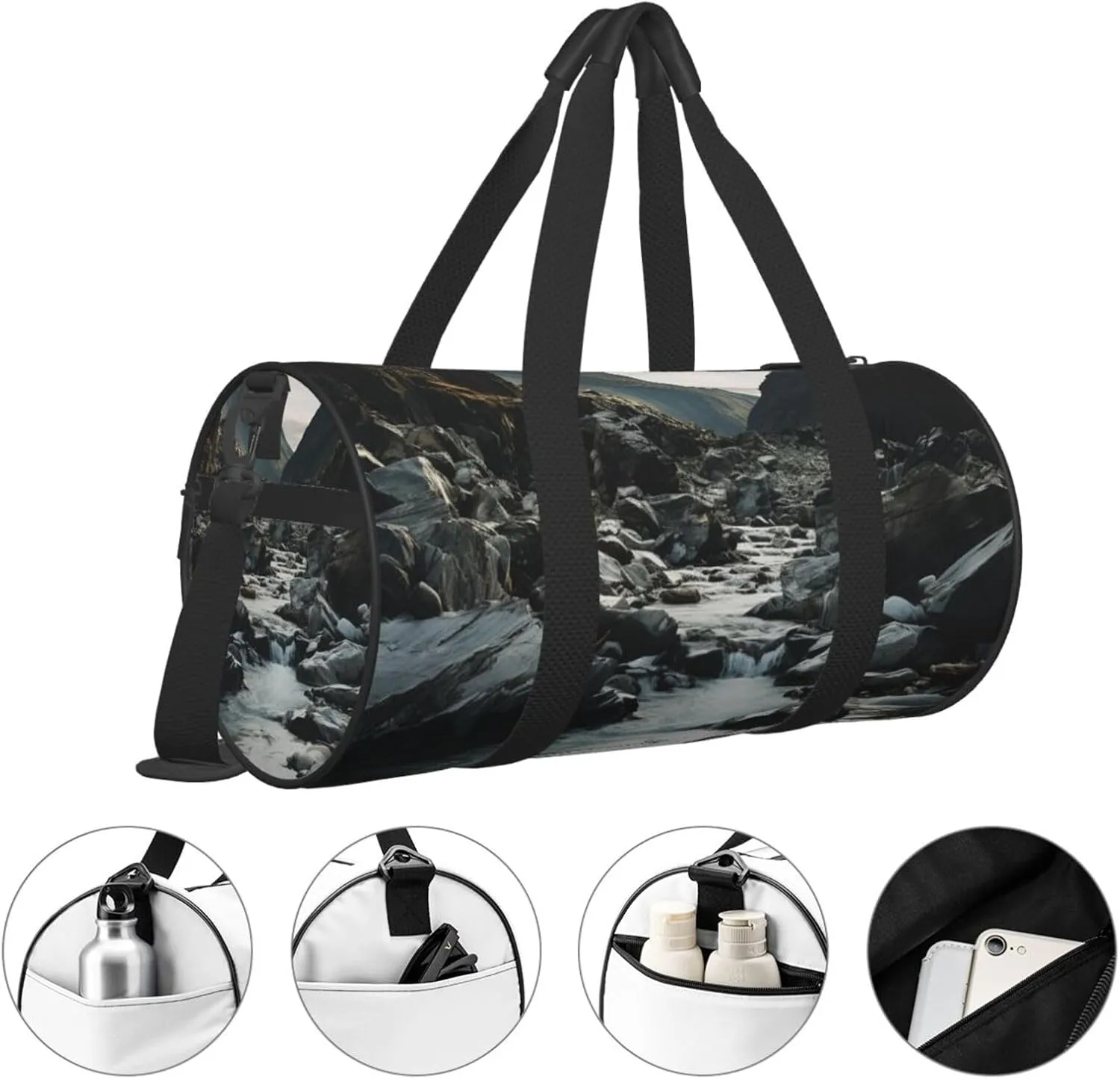 Sports Gym Bag for Women Men Travel Duffel Bag Tote Weekender Bag Carry on Overnight Bag for Travel Swimming Fitness Workout Sports River and gray rocks Duffle Bag