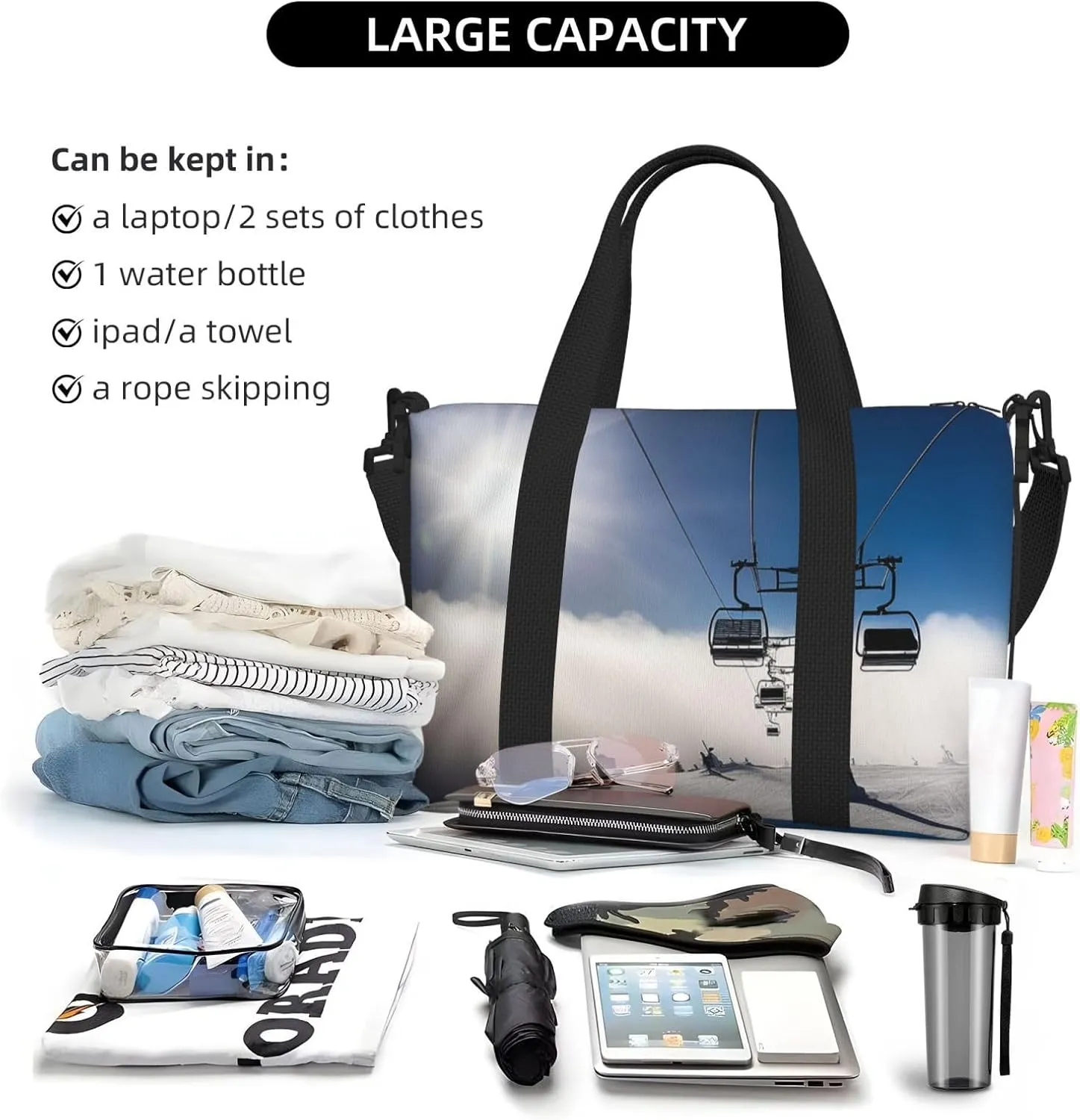 Sports Gym Bag for Women Men Travel Duffel Bag Tote Weekender Bag Carry on Overnight Bag for Travel Swimming Fitness Workout Sports Ski Lift at Sunshine Duffle Bag