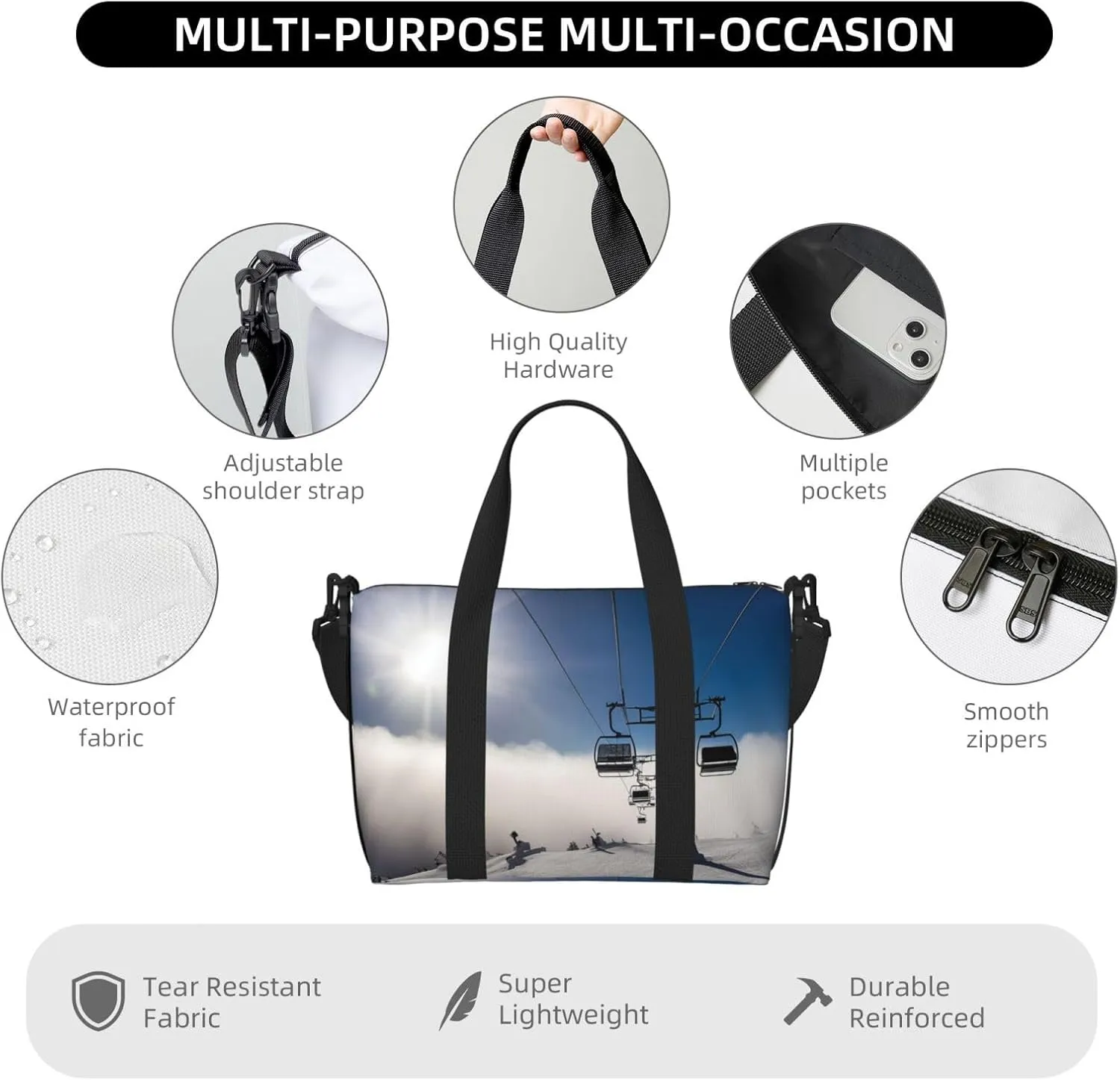 Sports Gym Bag for Women Men Travel Duffel Bag Tote Weekender Bag Carry on Overnight Bag for Travel Swimming Fitness Workout Sports Ski Lift at Sunshine Duffle Bag