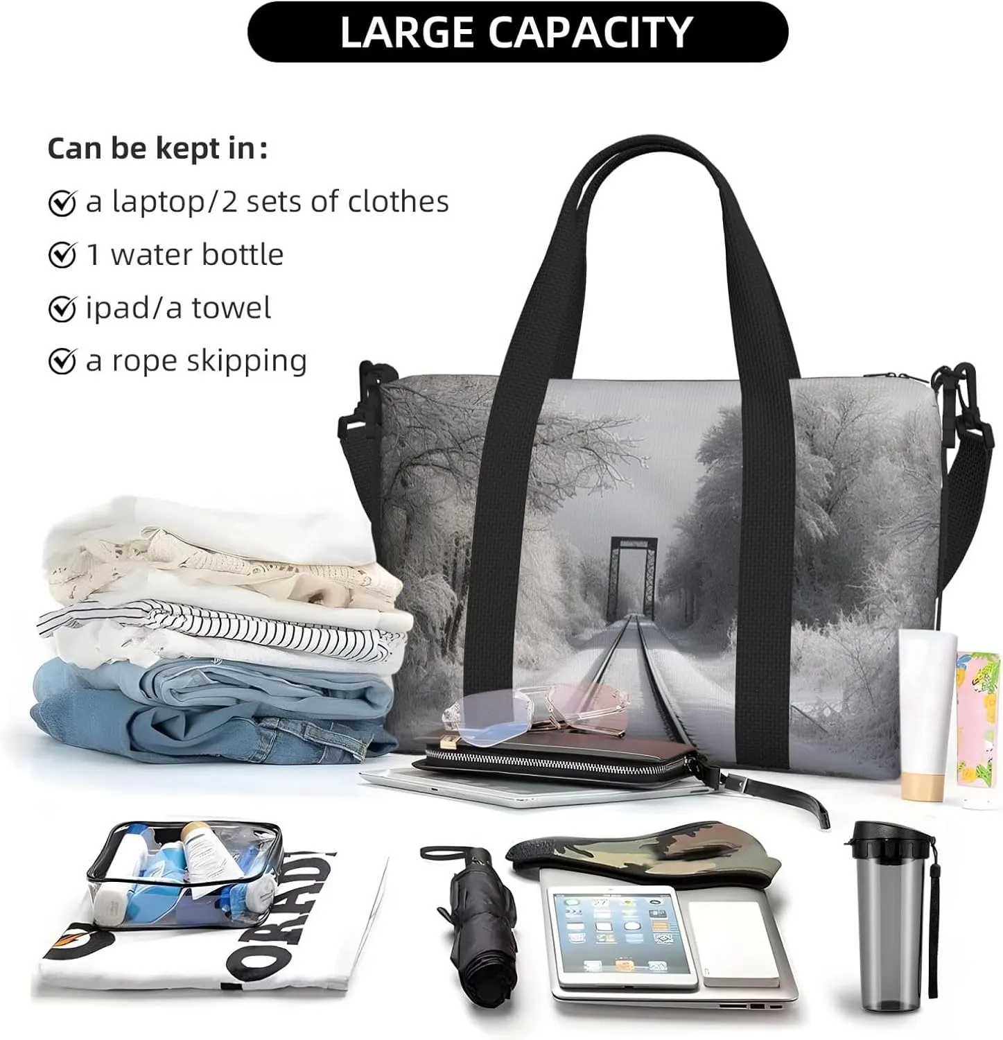 Sports Gym Bag for Women Men Travel Duffel Bag Tote Weekender Bag Carry on Overnight Bag for Travel Swimming Fitness Workout Sports Snowy Train Tracks Duffle Bag