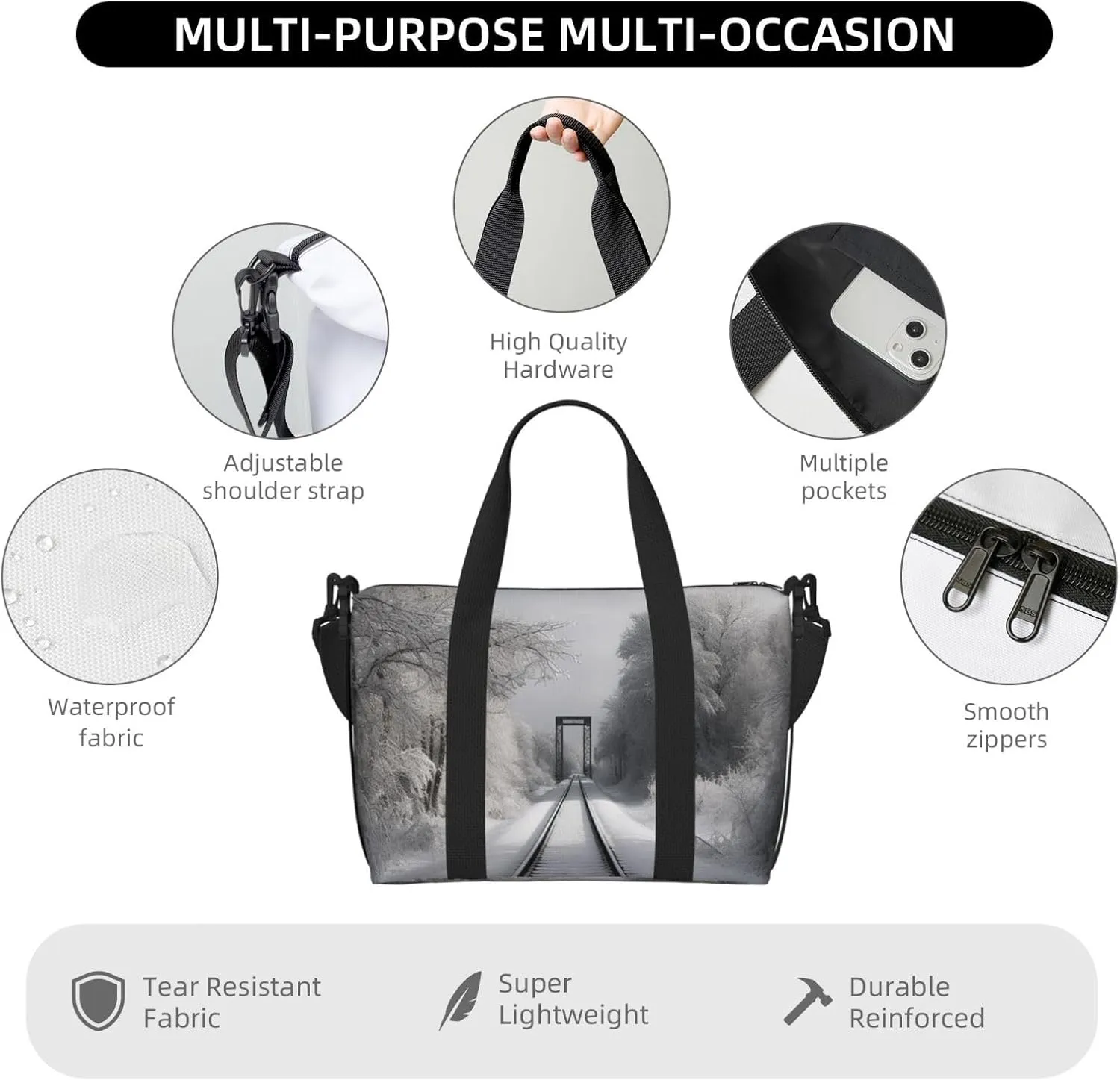 Sports Gym Bag for Women Men Travel Duffel Bag Tote Weekender Bag Carry on Overnight Bag for Travel Swimming Fitness Workout Sports Snowy Train Tracks Duffle Bag