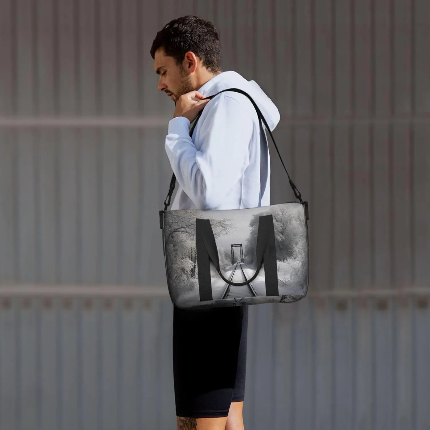 Sports Gym Bag for Women Men Travel Duffel Bag Tote Weekender Bag Carry on Overnight Bag for Travel Swimming Fitness Workout Sports Snowy Train Tracks Duffle Bag