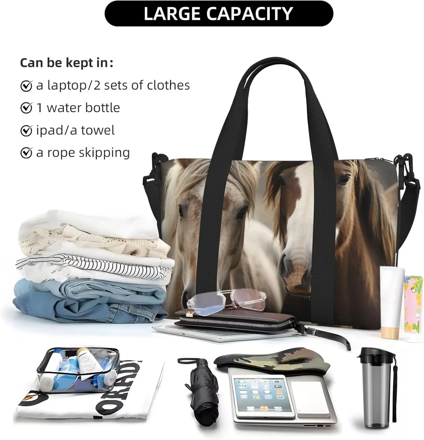 Sports Gym Bag for Women Men Travel Duffel Bag Tote Weekender Bag Carry on Overnight Bag for Travel Swimming Fitness Workout Sports Two horses Duffle Bag