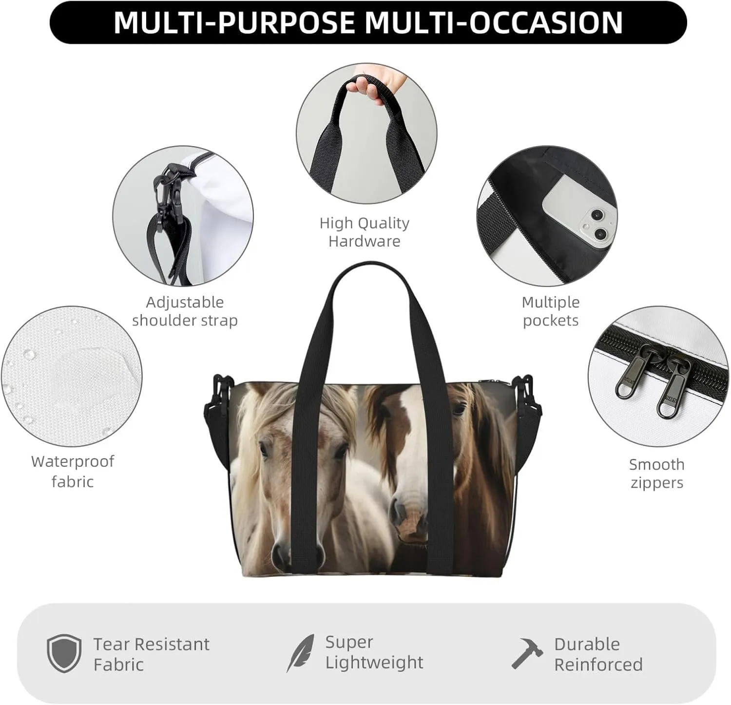 Sports Gym Bag for Women Men Travel Duffel Bag Tote Weekender Bag Carry on Overnight Bag for Travel Swimming Fitness Workout Sports Two horses Duffle Bag
